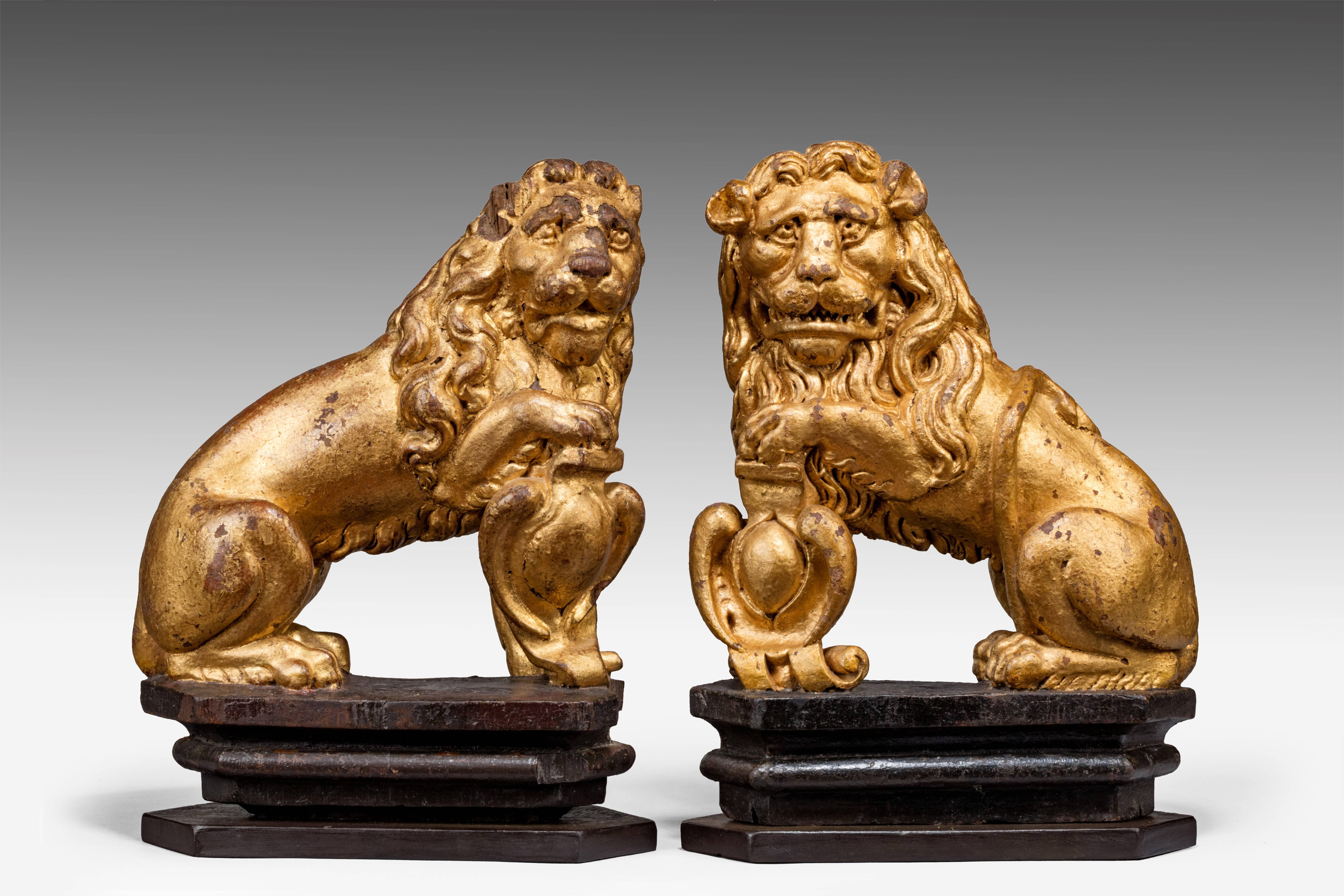 Pair of Charles I Carved Oak and Oil Gilt Lions