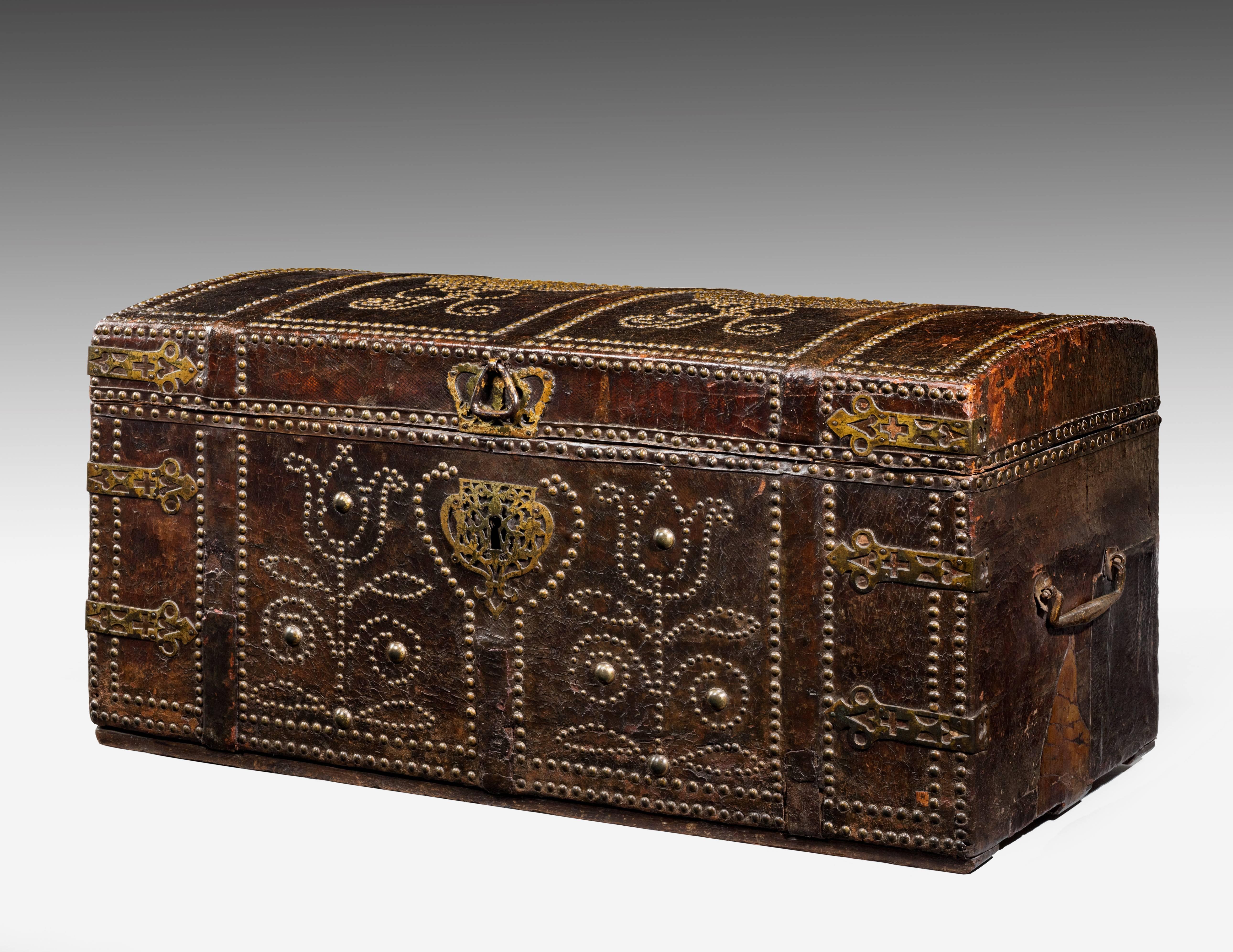 Attributed to James Parker ‘Trunk – Maker’.
Provenance: Formerly in the collection of Lord Sheffield.

A chest covered with a thin layer of leather, demonstrating the skill of the tanner. Decorated with brass studs which are used to form tulips;