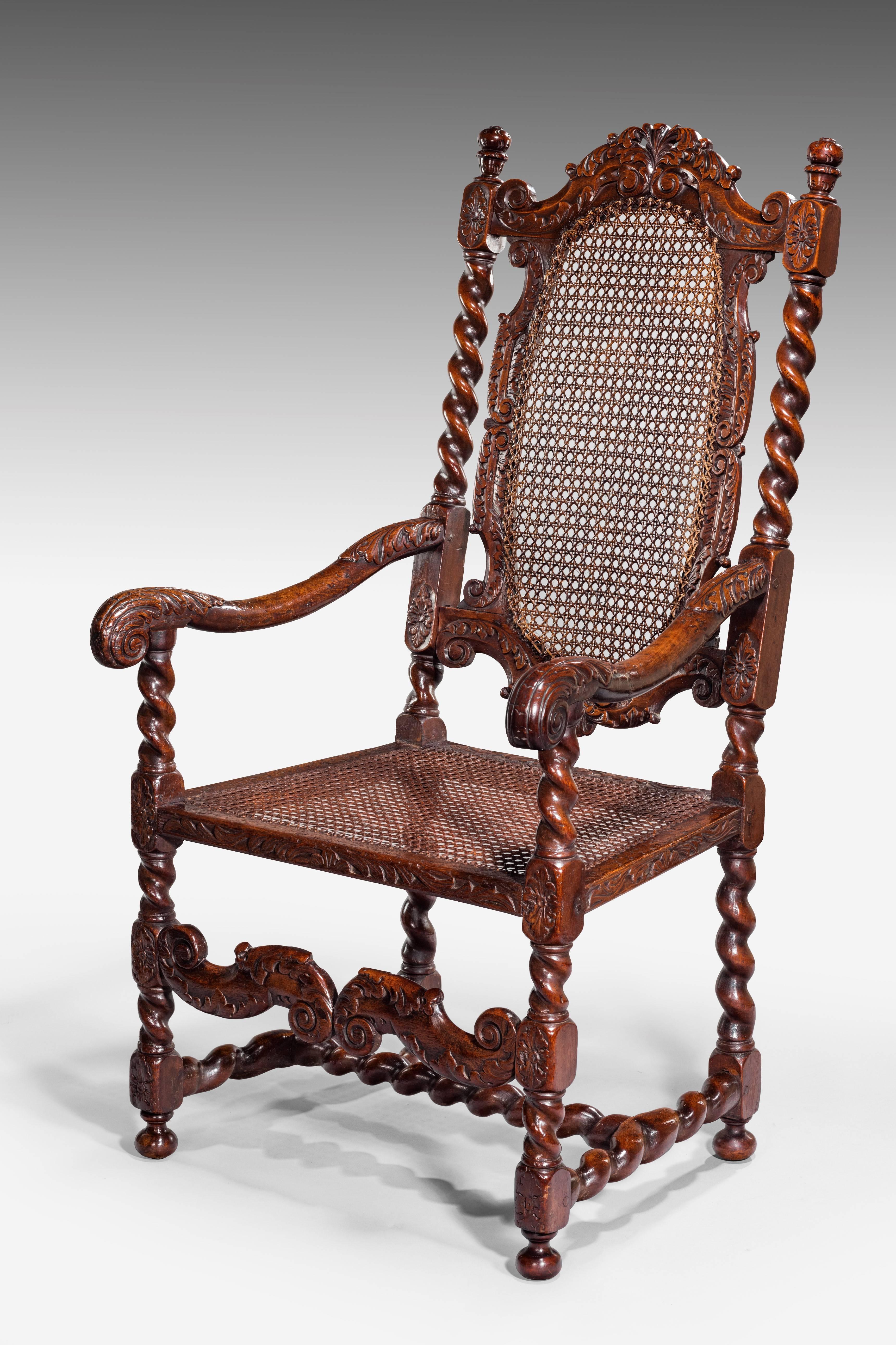 English Charles II Carved Walnut Caned Armchair