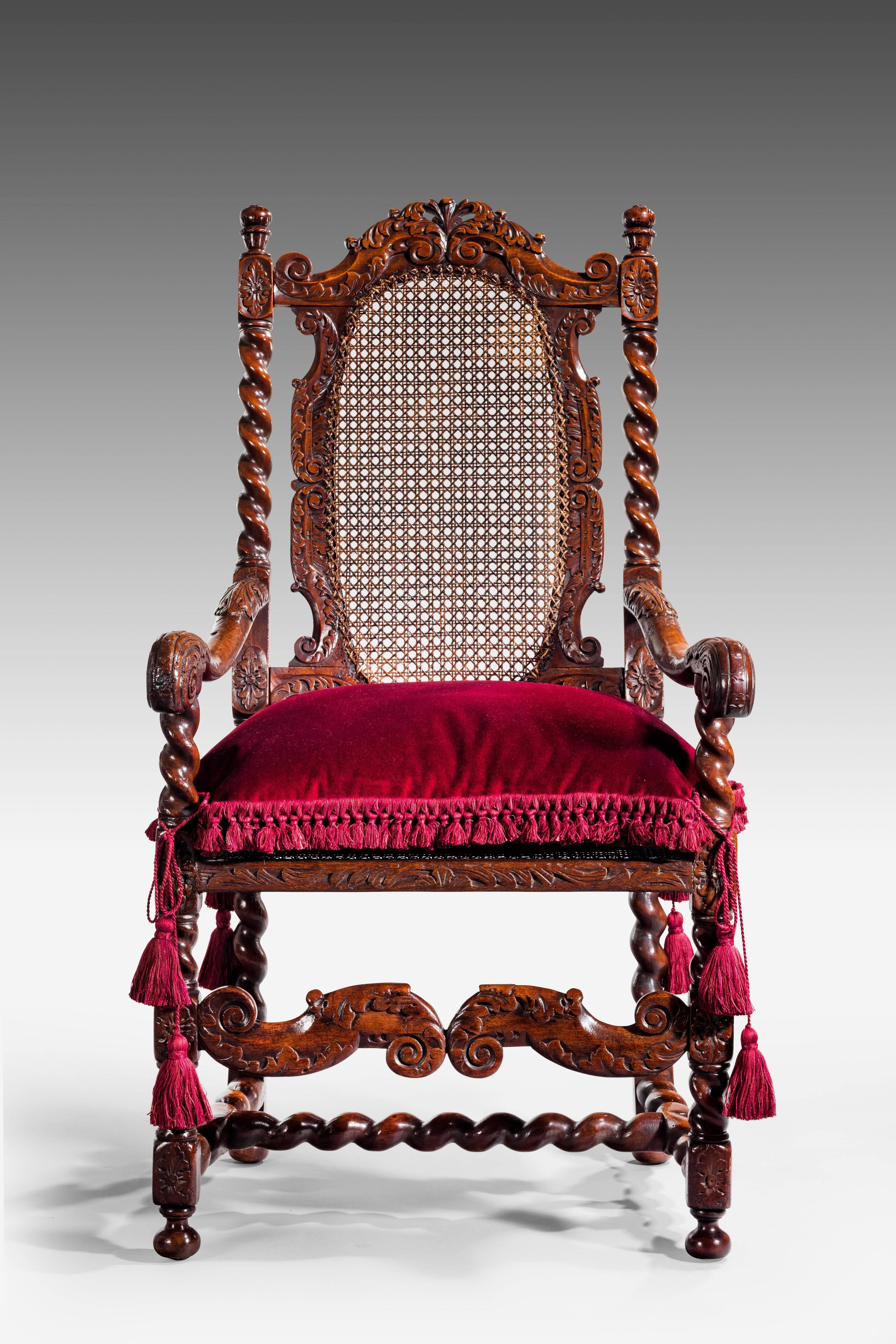 Caning Charles II Carved Walnut Caned Armchair