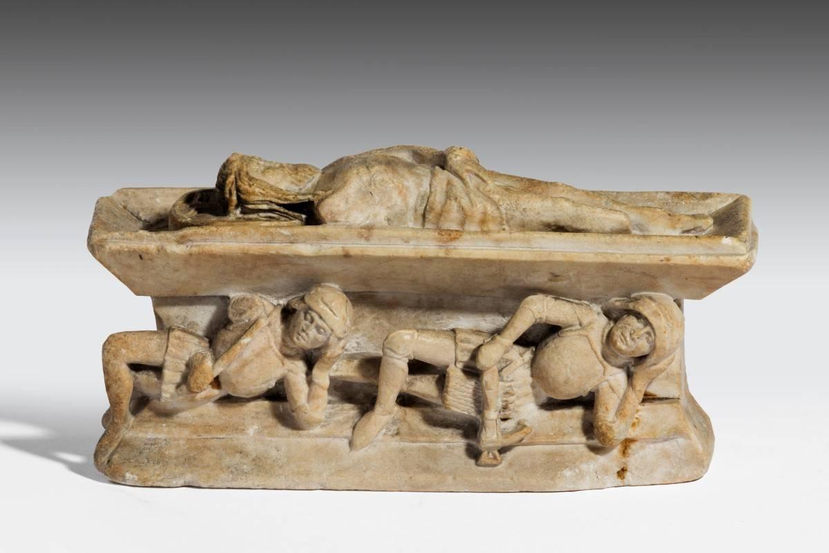 The Resurrection of Jesus is central to Christian faith and art. It is depicted in Christian art – both as a single scene and as part of a cycle showing the Life of Christ. The inclusion of the sleeping guards, illustrated in this alabaster group,