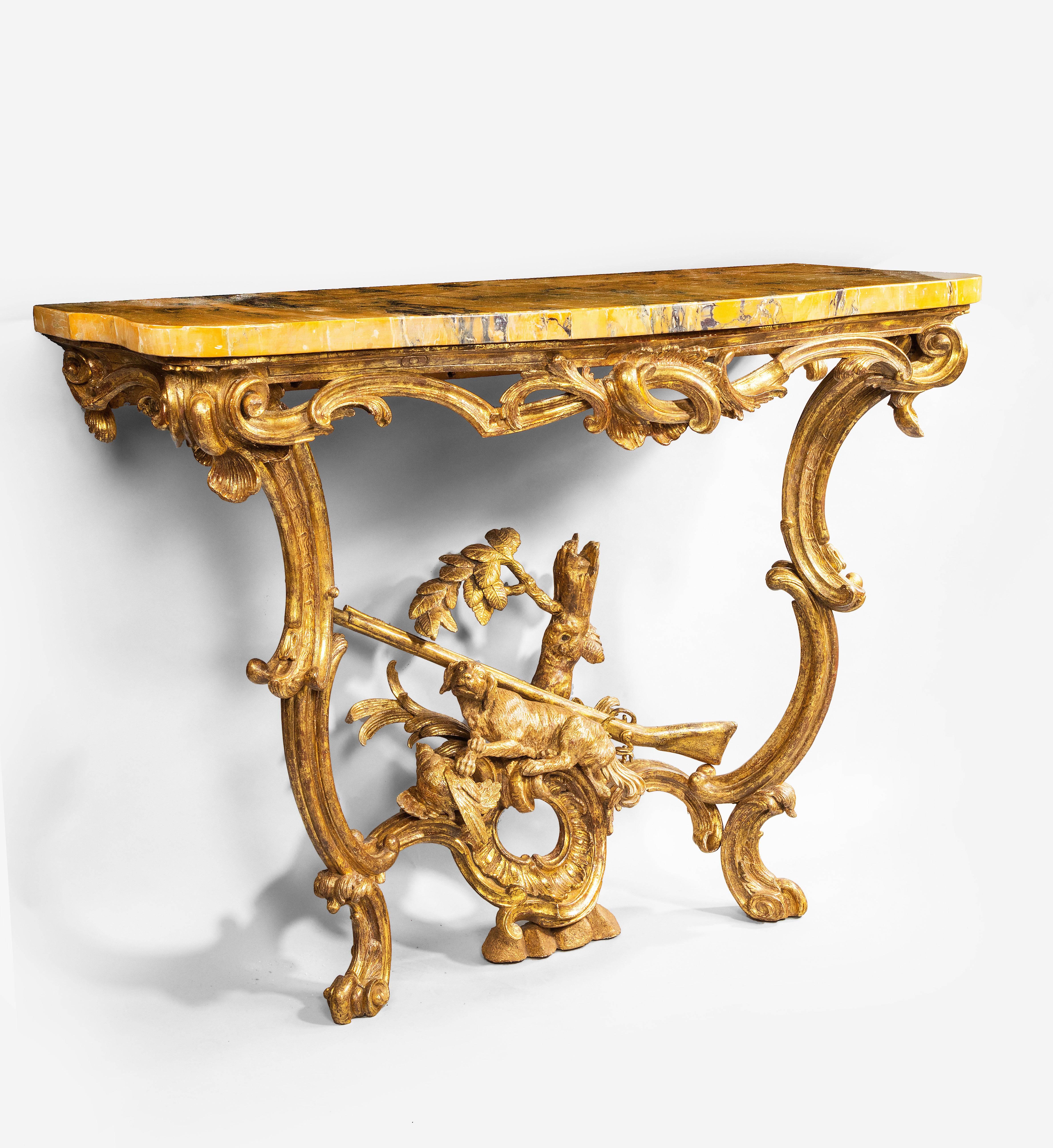 Siena Marble Carved Giltwood Console Table  For Sale