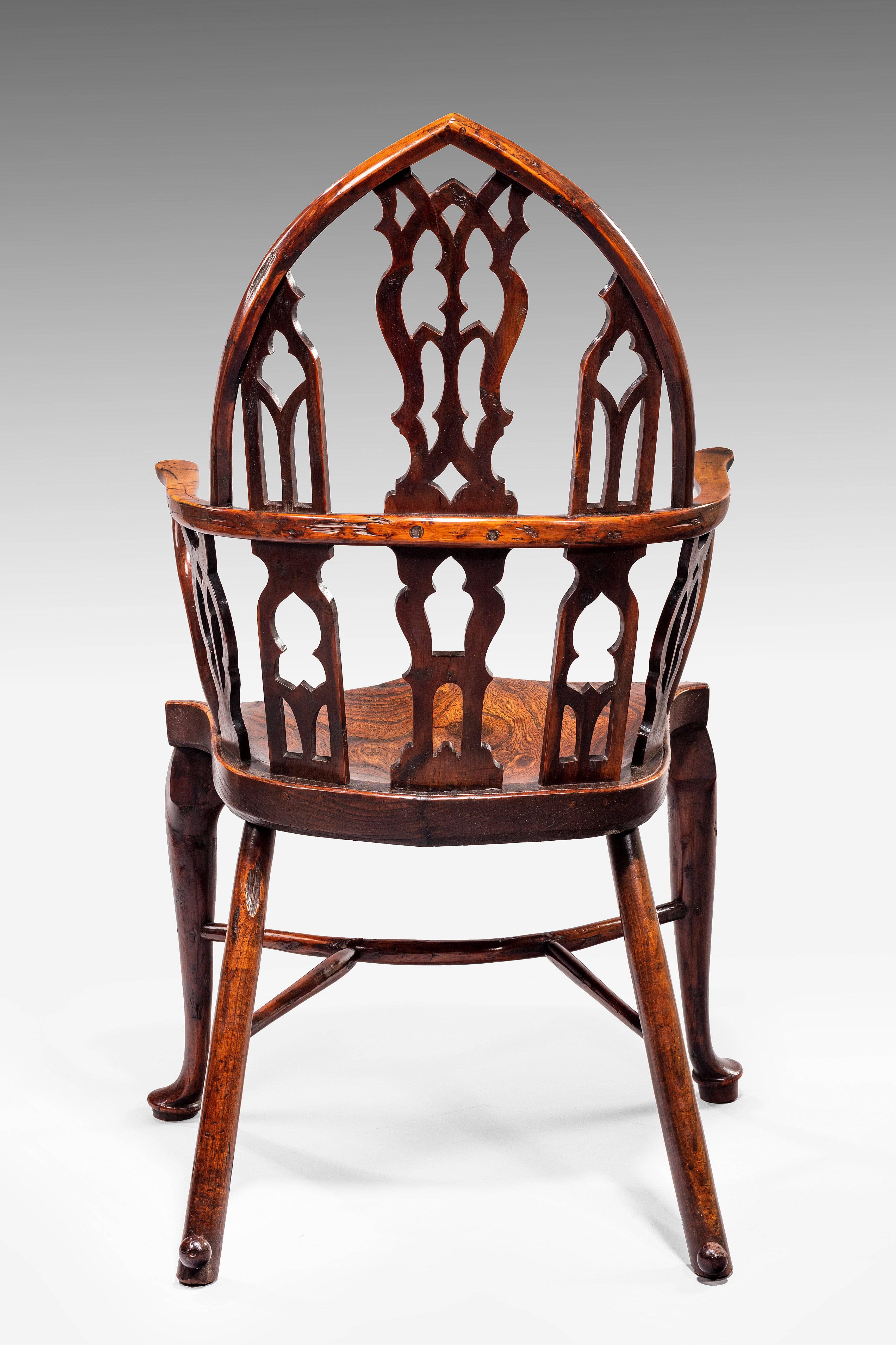 Carved Rare Pair of George II Yew, Elm and Ash Gothic Windsor Armchairs