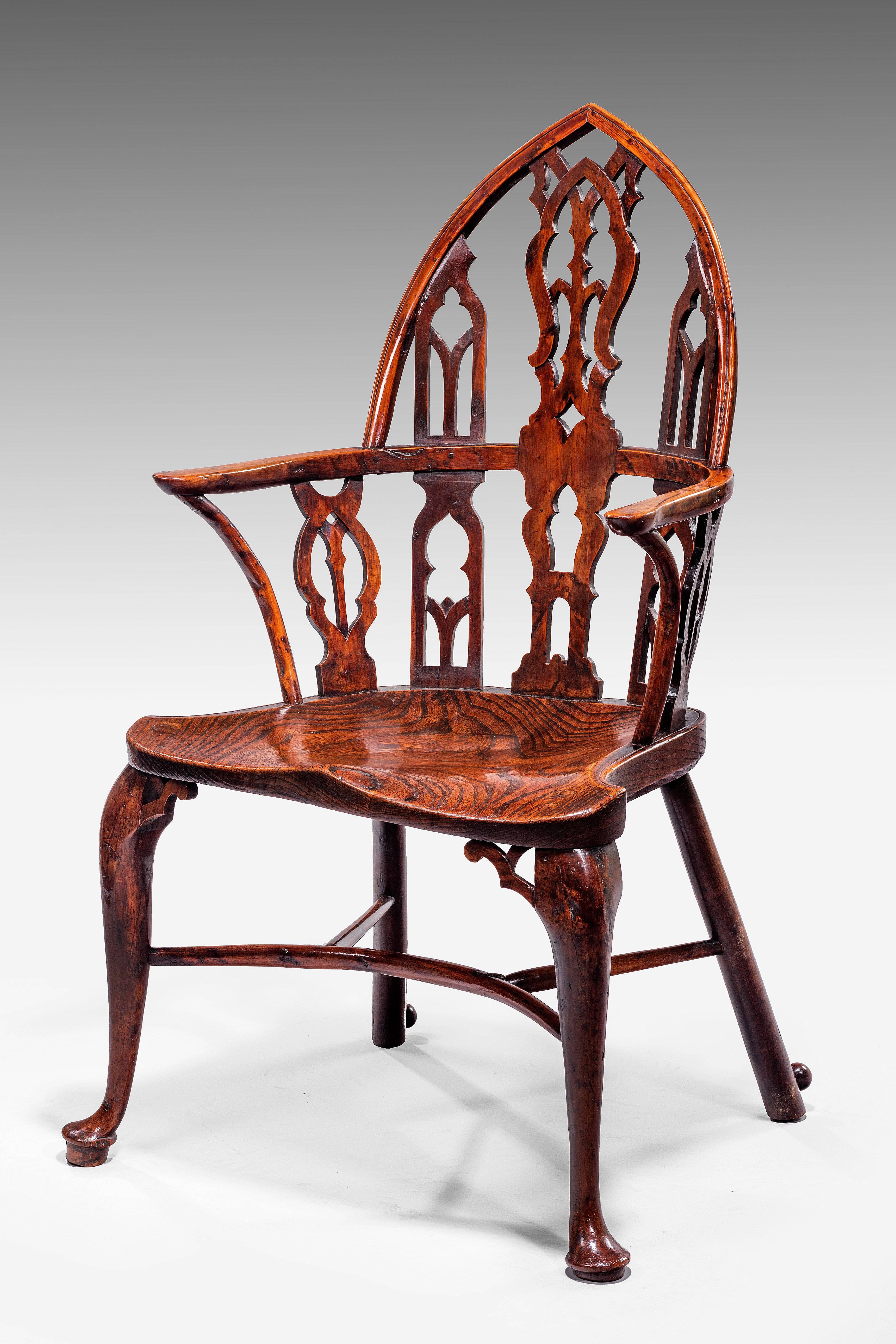 Mid-18th Century Rare Pair of George II Yew, Elm and Ash Gothic Windsor Armchairs