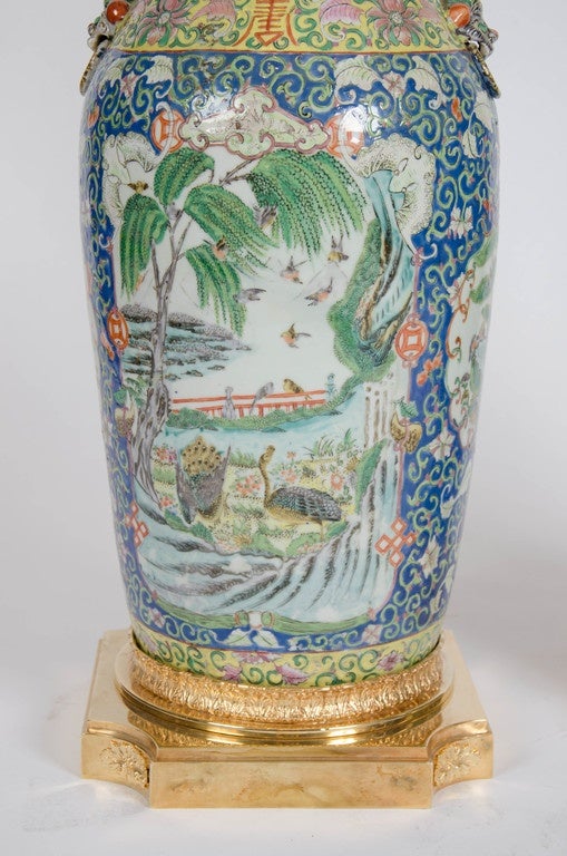 Pair of Large Oriental Lamps on Gilt Ormolu Bases