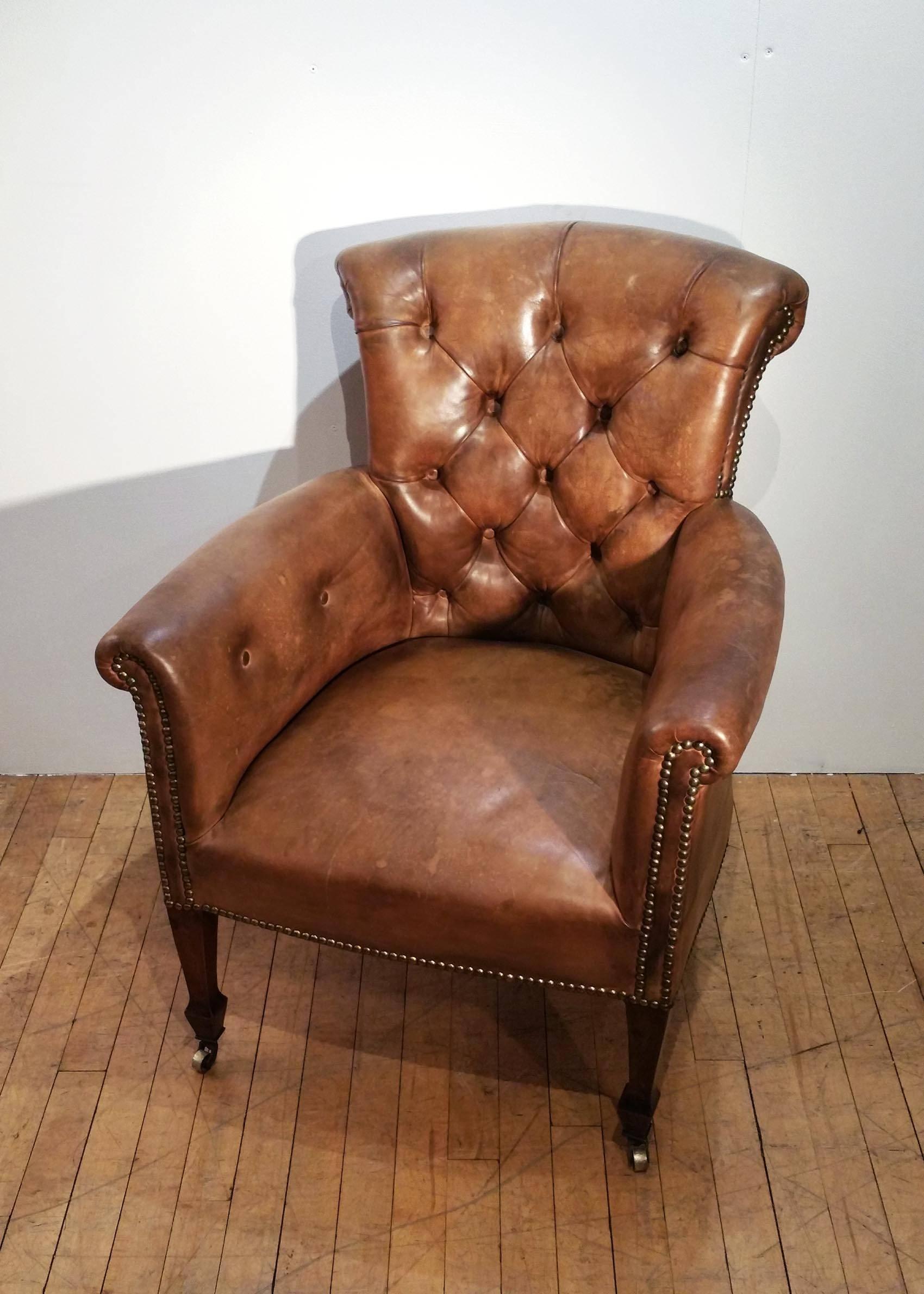 English Pair of Edwardian Leather Upholstered Tub Chairs