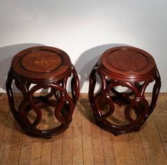 Near Pair of Chinese Hardwood Barrel Seats