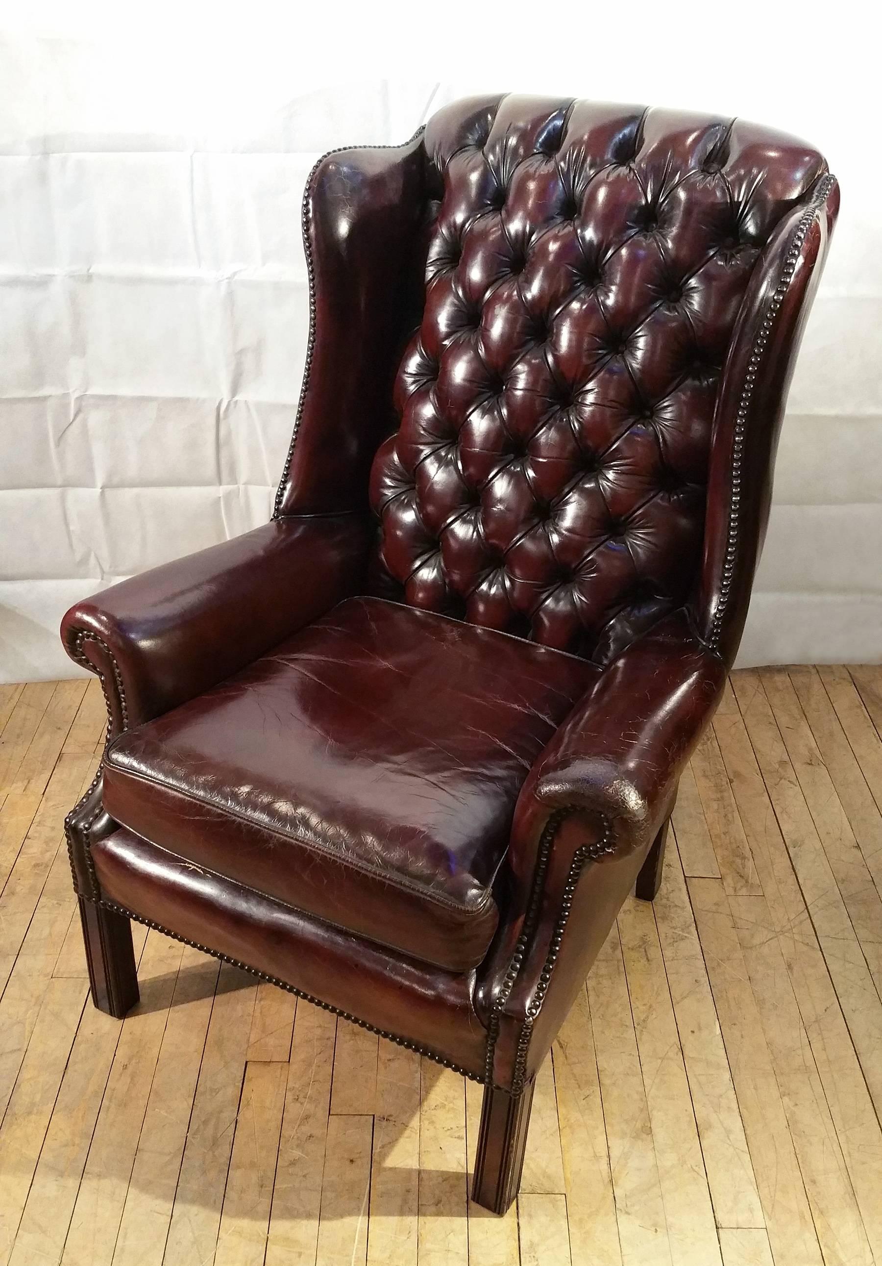 English Pair of Deep Buttoned Leather Upholstered Edwardian Wing Chairs