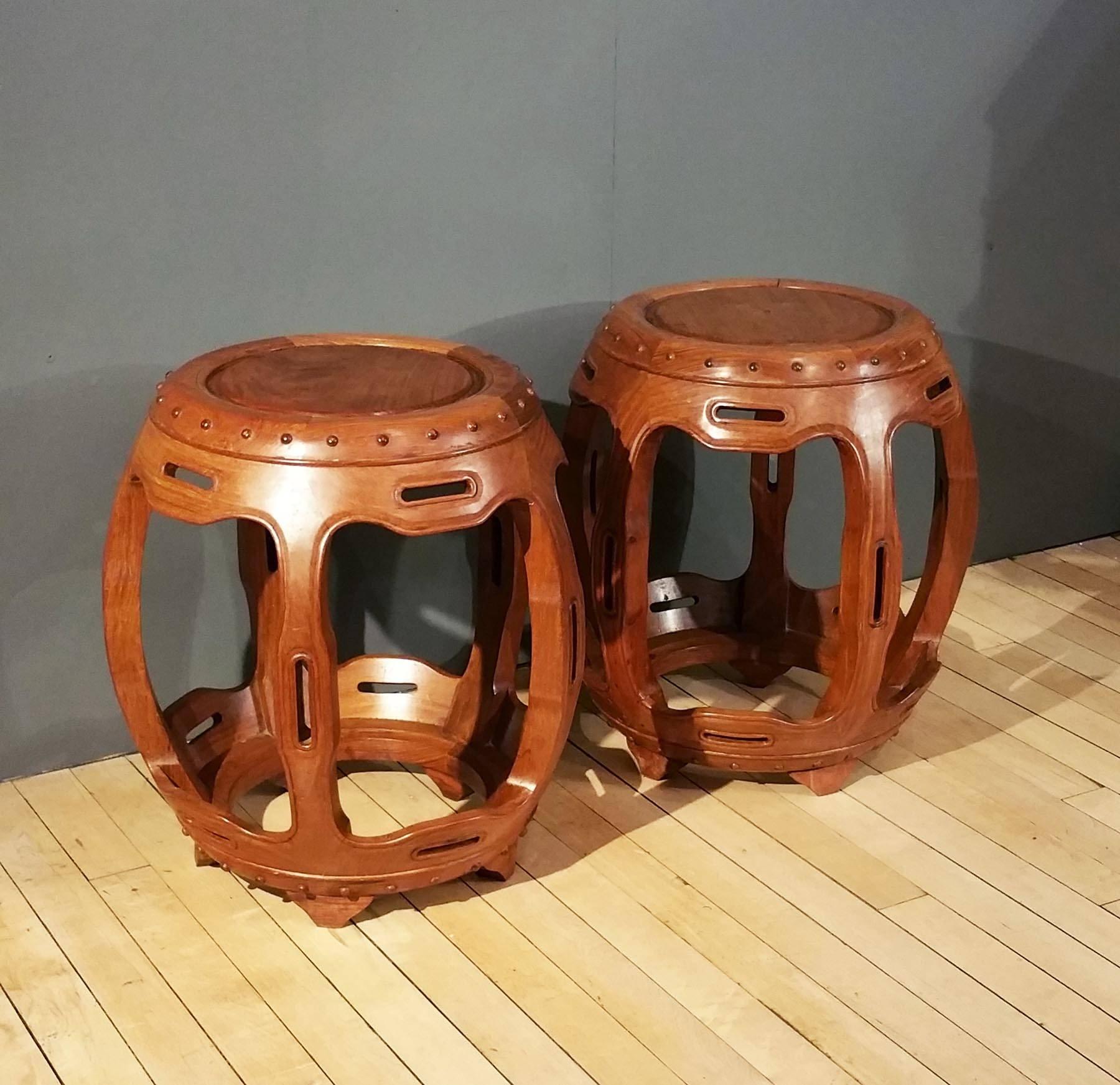 Early 20th Century Pair of Chinese Hardwood Barrel Seats 5