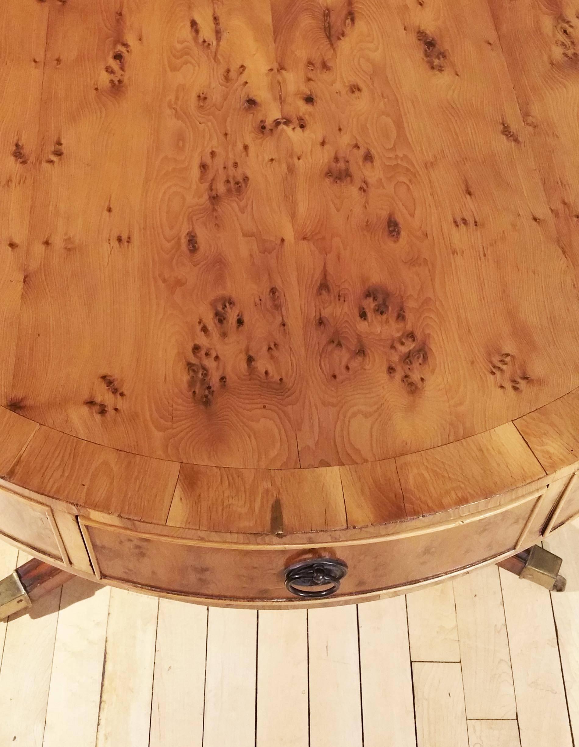 English Mid-20th Century Regency Style Yew Wood Drum Table