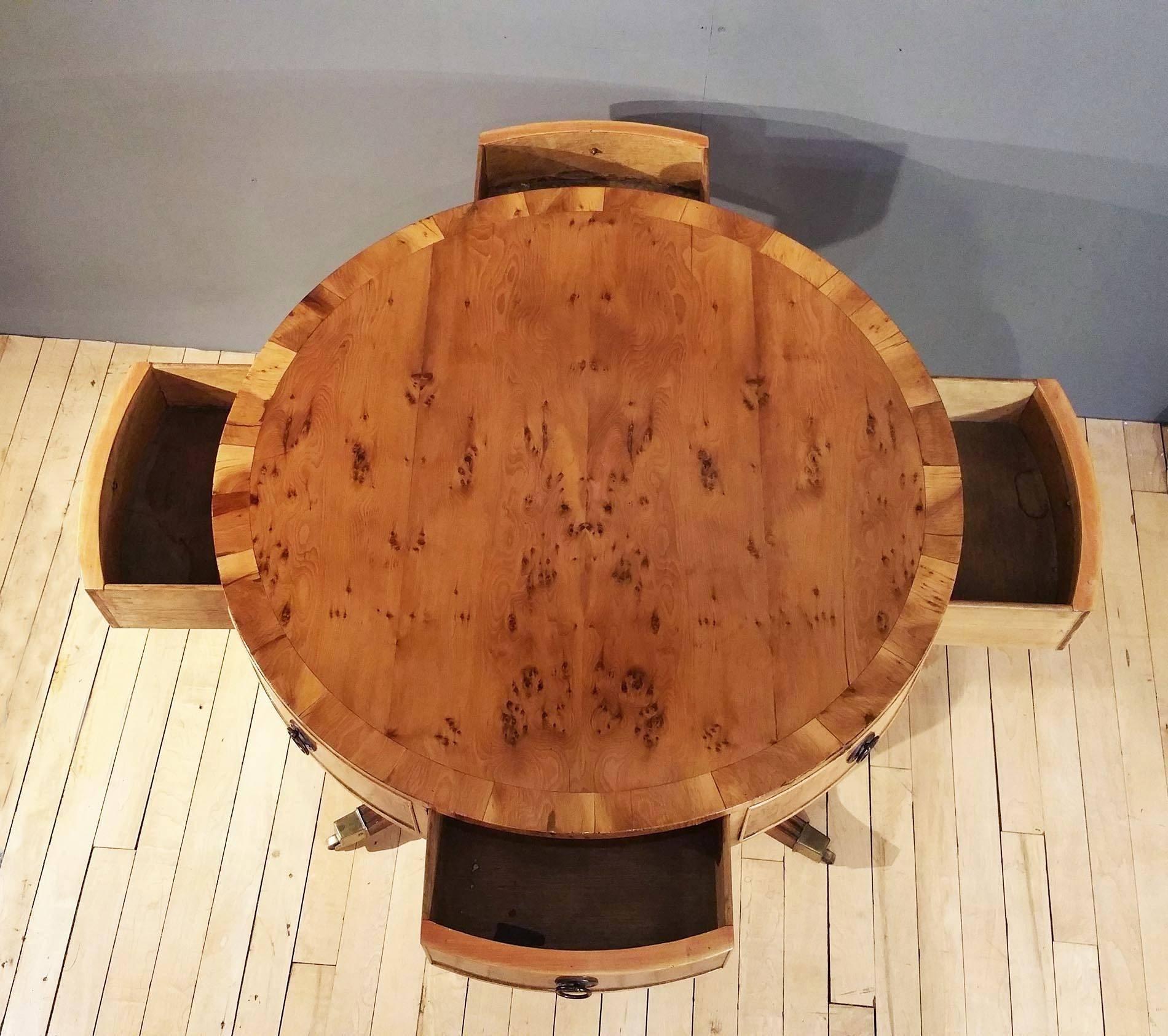 Brass Mid-20th Century Regency Style Yew Wood Drum Table