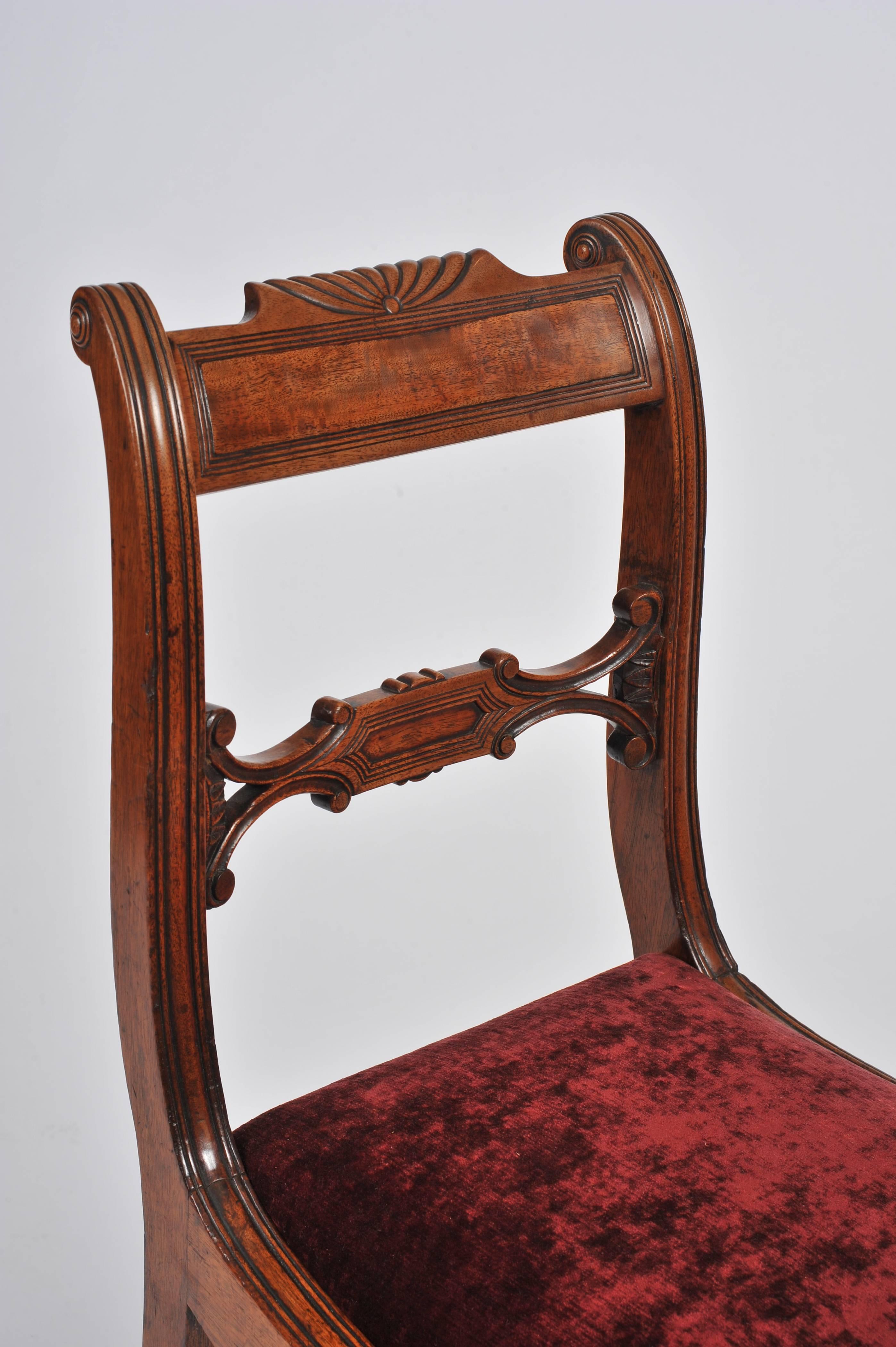 Velvet Set of Four Regency Mahogany Sabre Leg Chairs