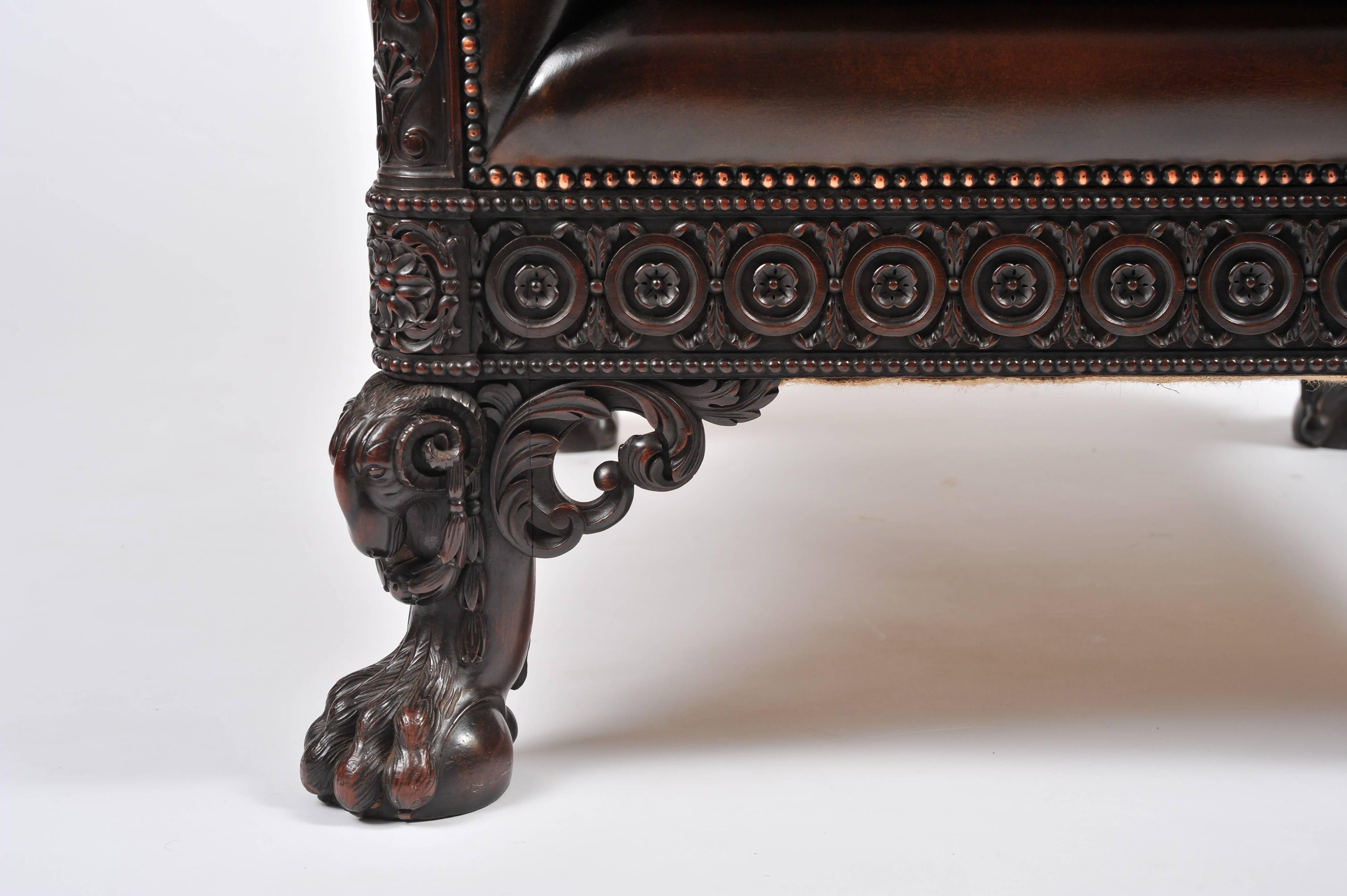 English Early 20th Century Carved Leather Upholstered Mahogany Armchair