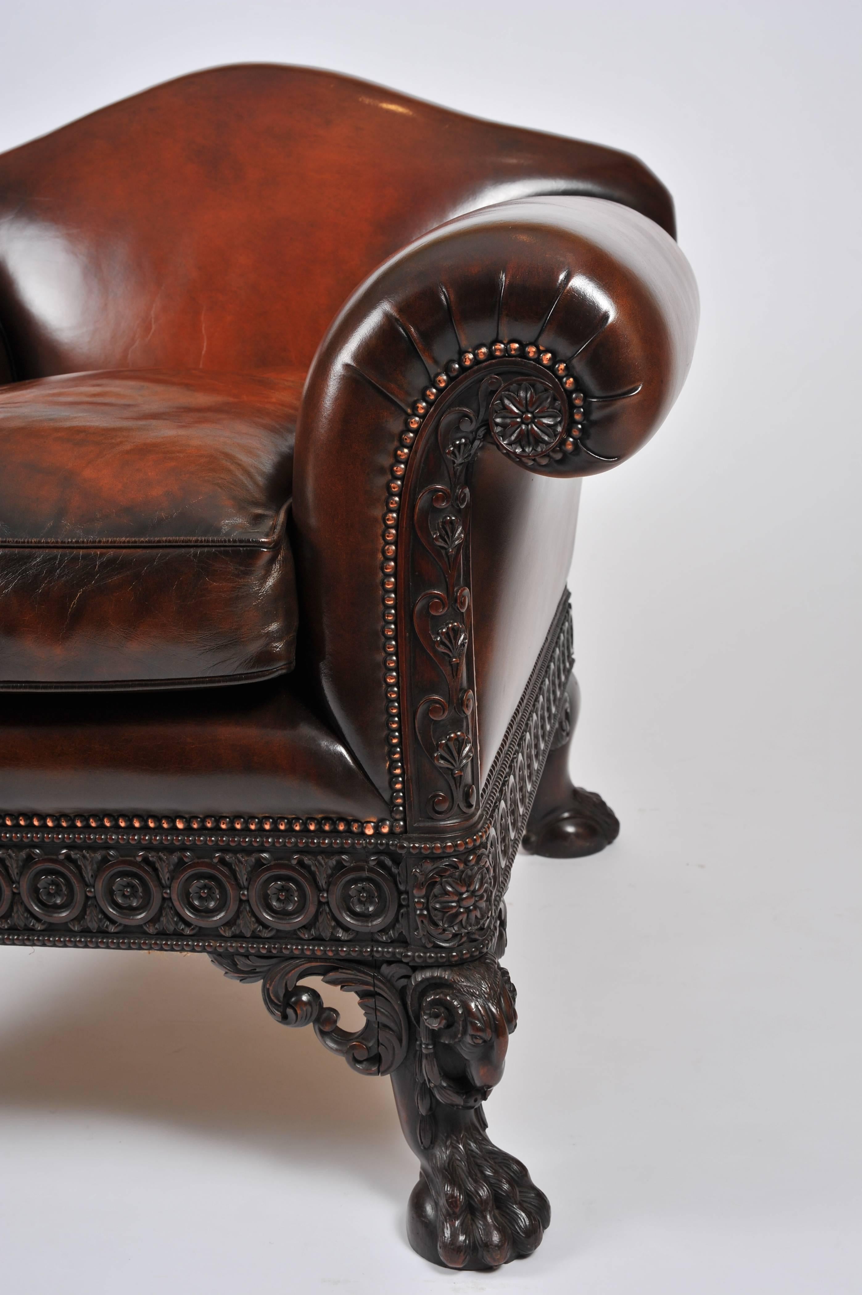 Early 20th Century Carved Leather Upholstered Mahogany Armchair In Excellent Condition In London, GB