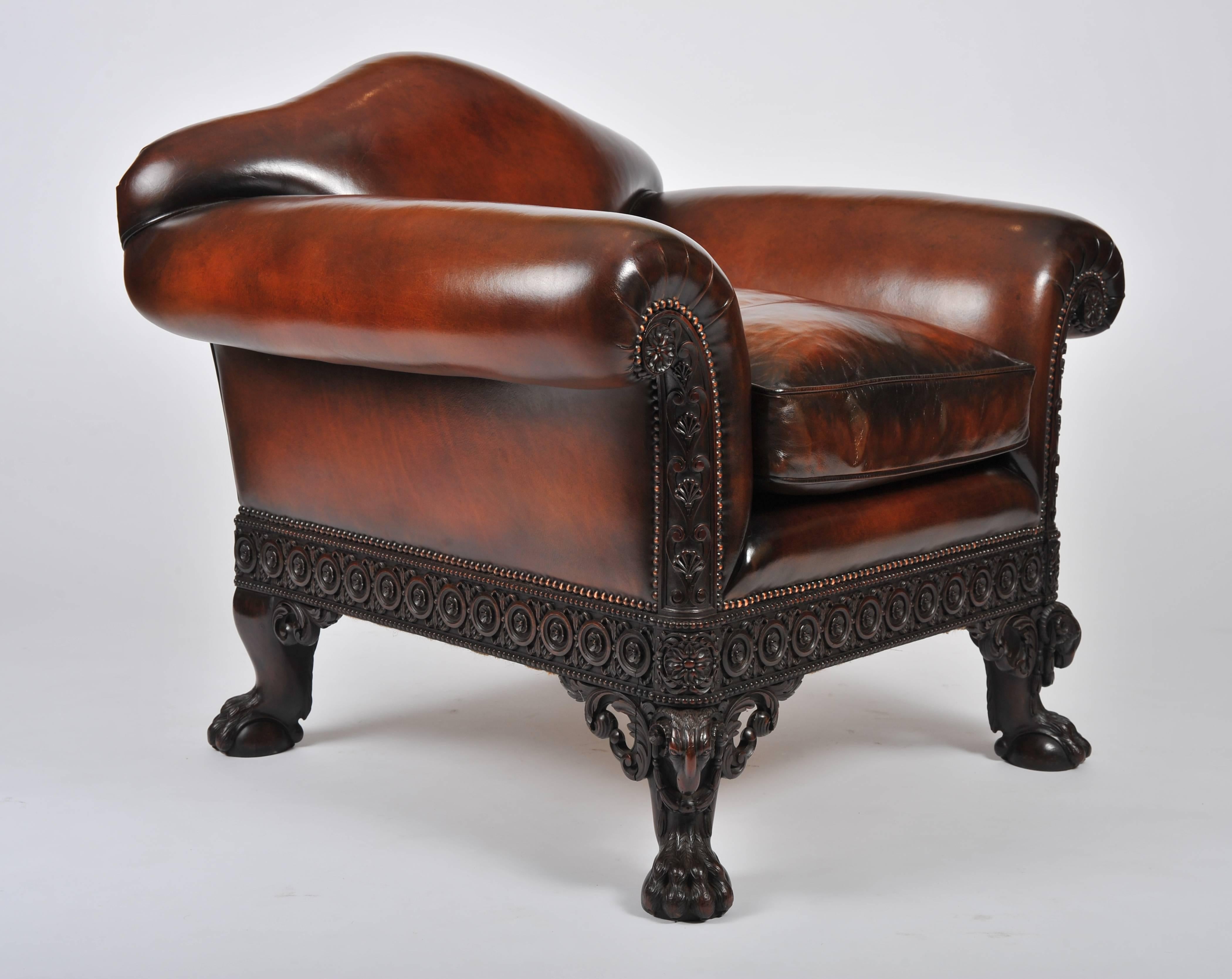 Early 20th Century Carved Leather Upholstered Mahogany Armchair 2