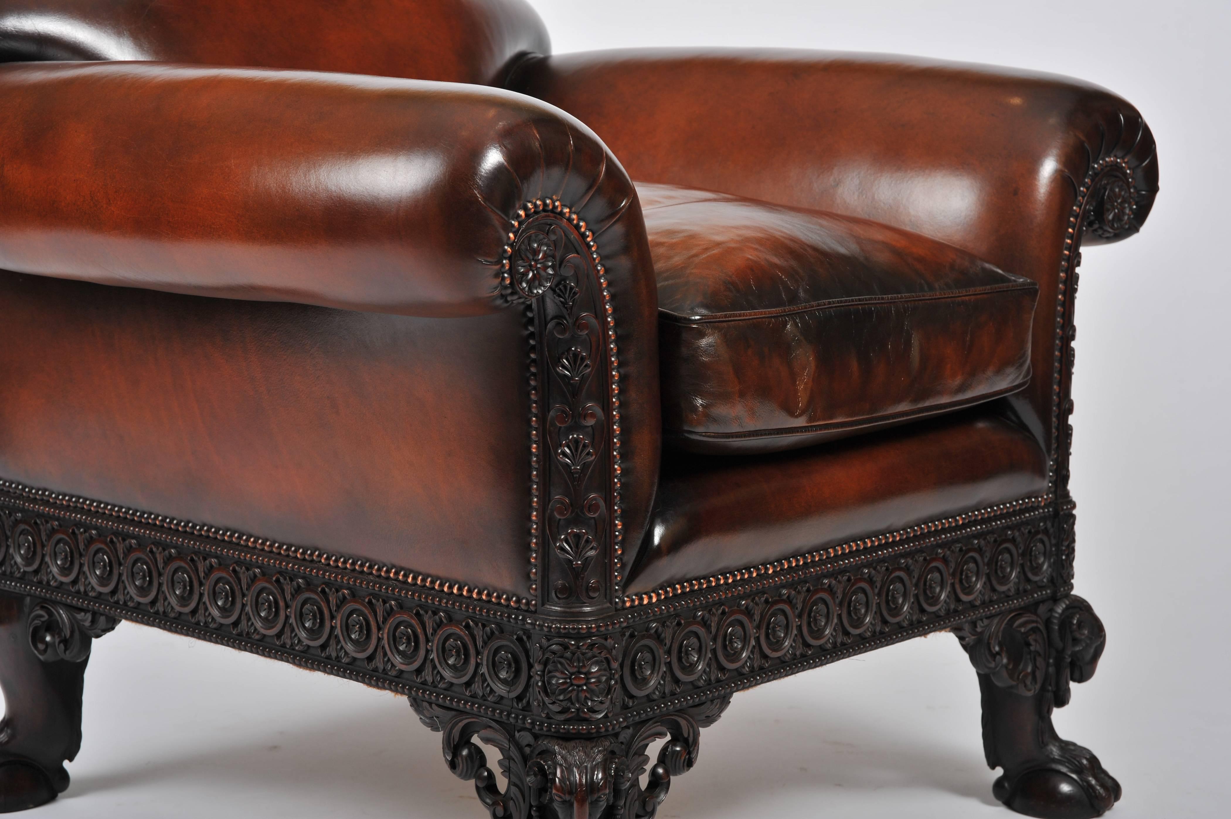 Early 20th Century Carved Leather Upholstered Mahogany Armchair 3