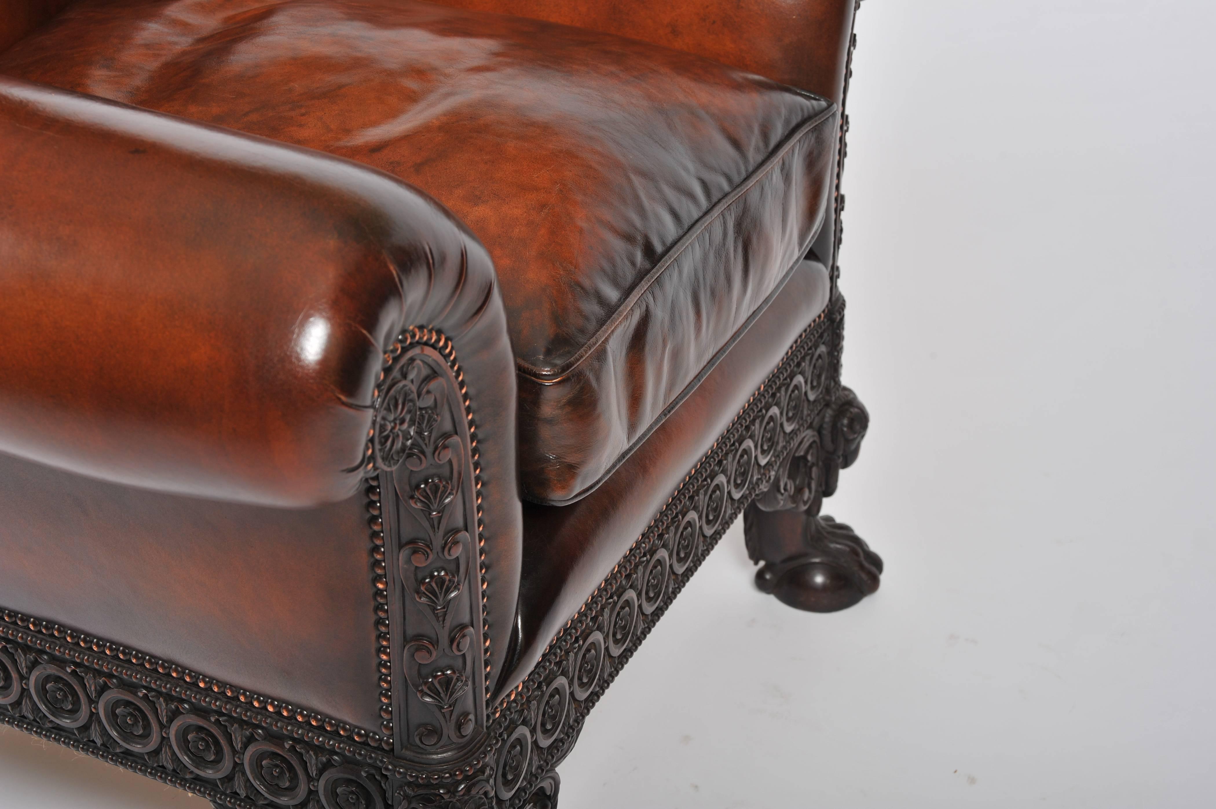 Early 20th Century Carved Leather Upholstered Mahogany Armchair 4