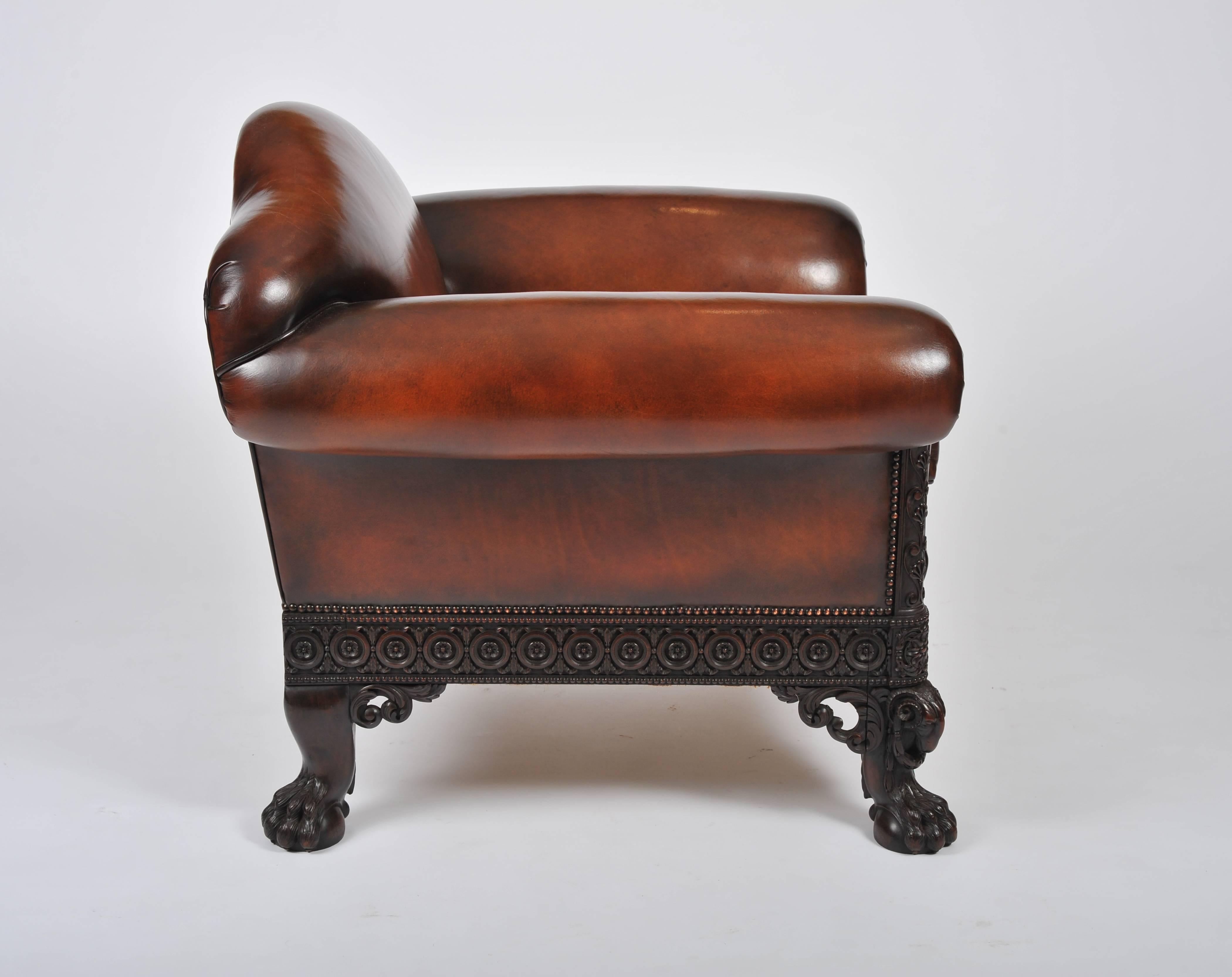 Early 20th Century Carved Leather Upholstered Mahogany Armchair 6