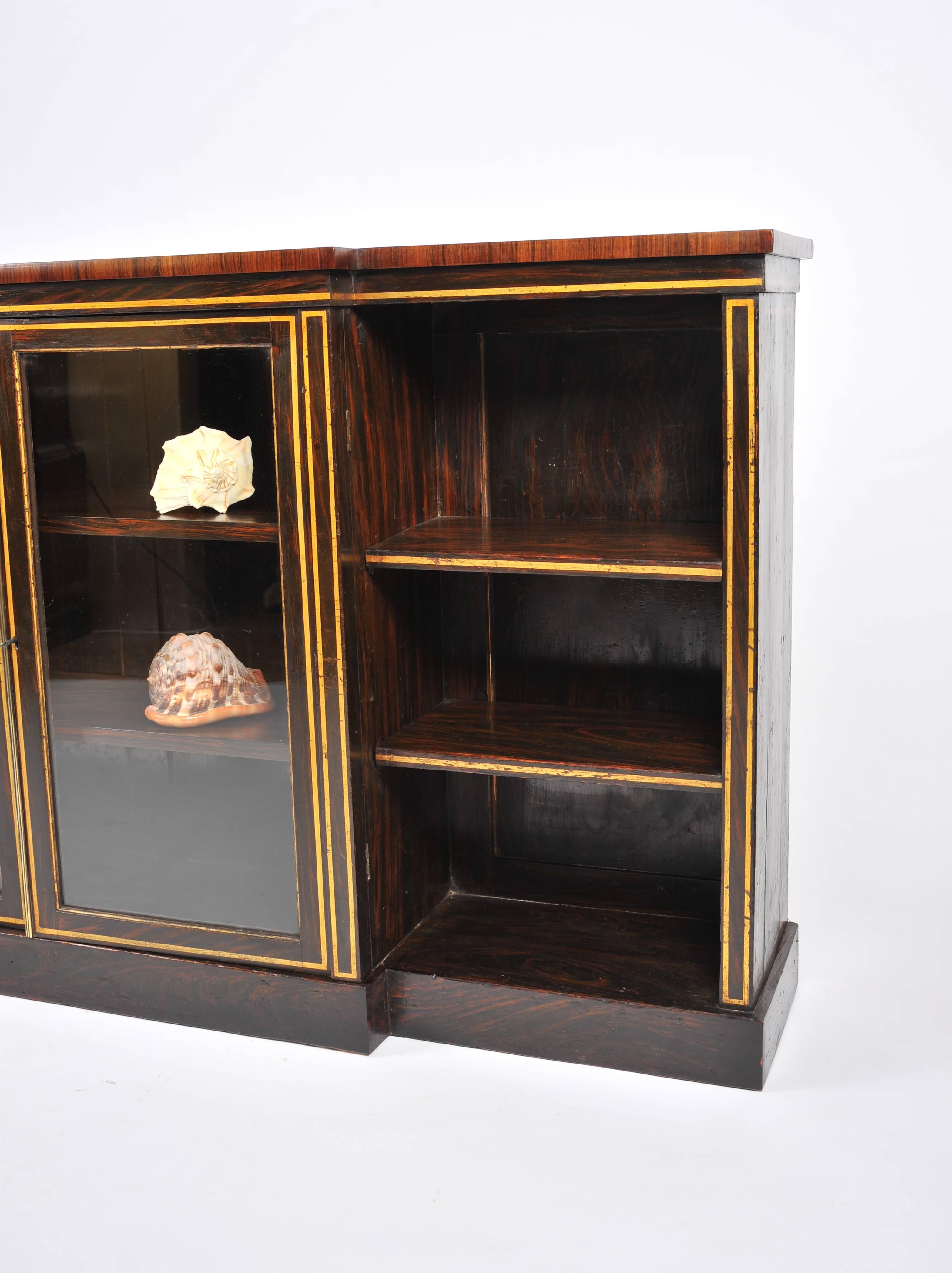 19th Century Regency Rosewood Breakfront Bookcase with Central Glass Doors