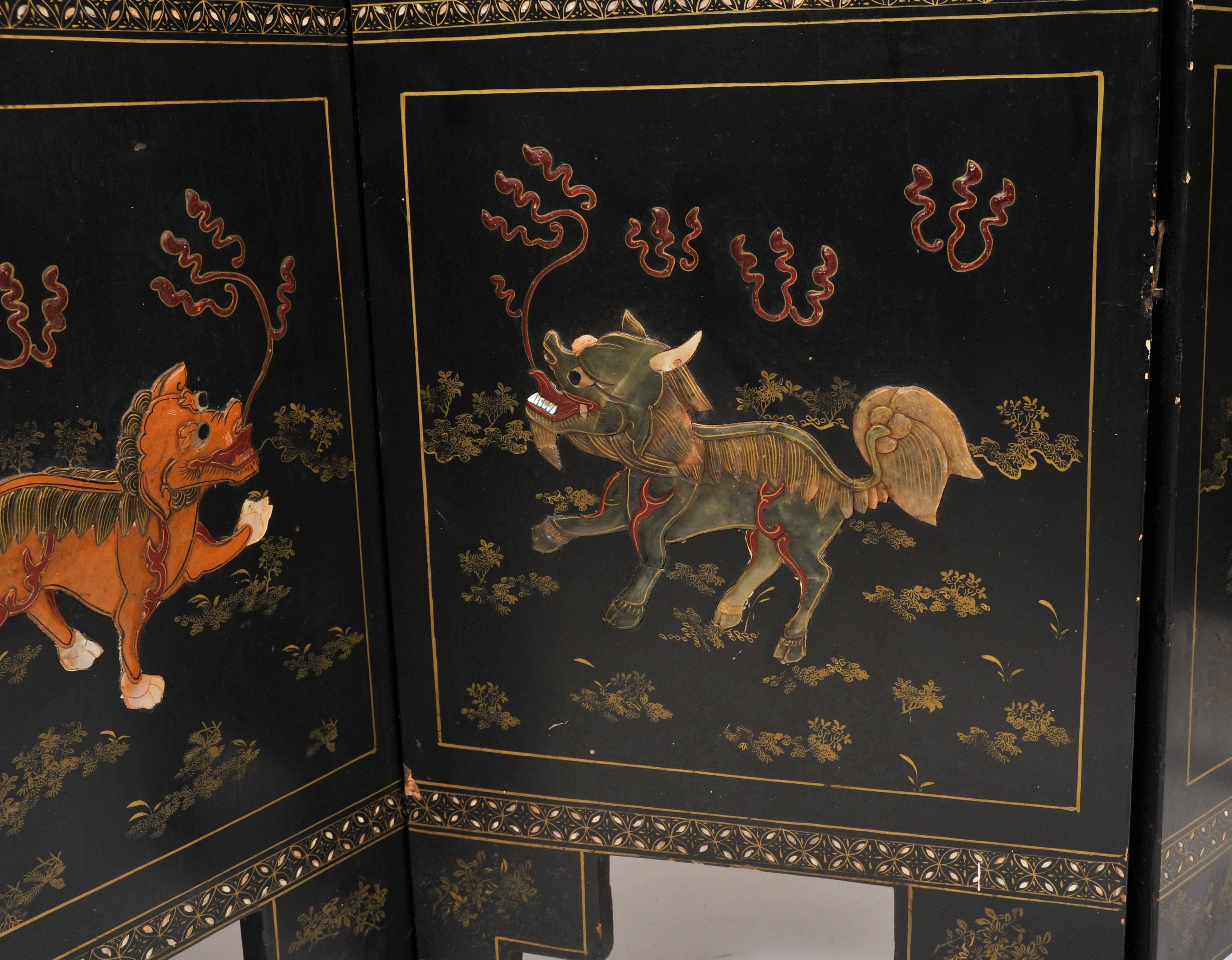 Carved 19th Century Black Lacquer Chinese Folding Screen