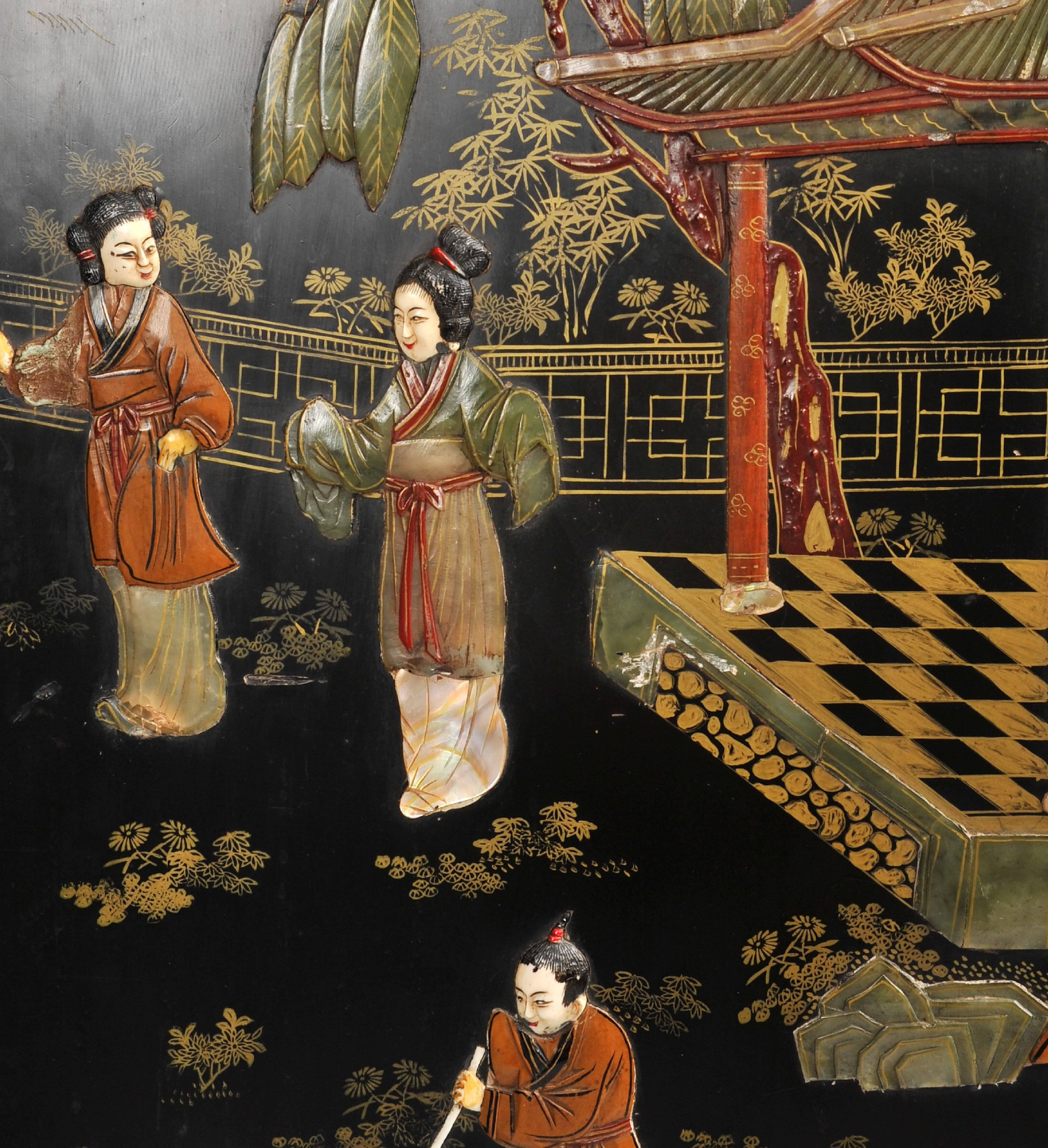 19th Century Black Lacquer Chinese Folding Screen 1