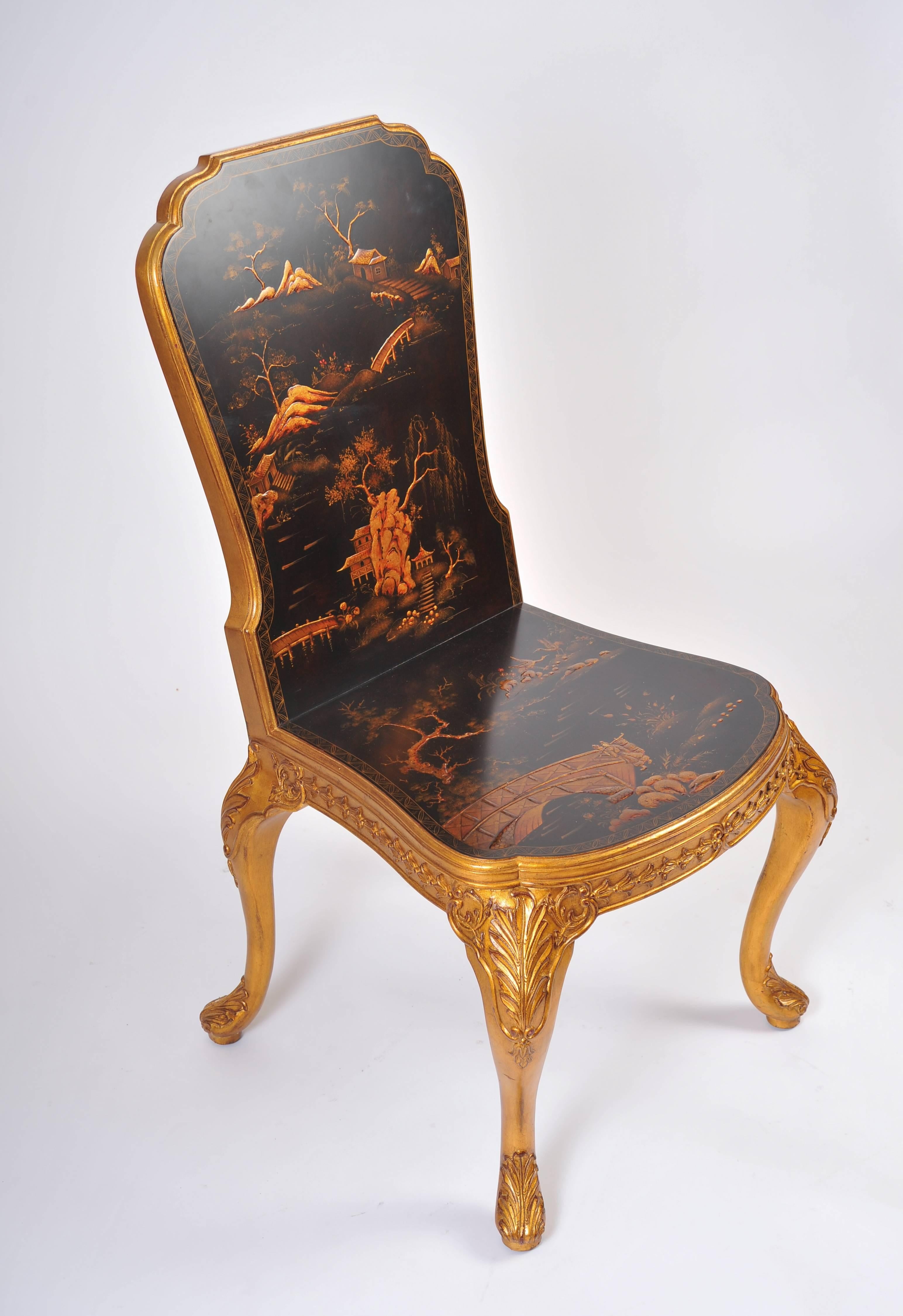 English Pair of 18th Century Style Chinoiserie Hall Chairs