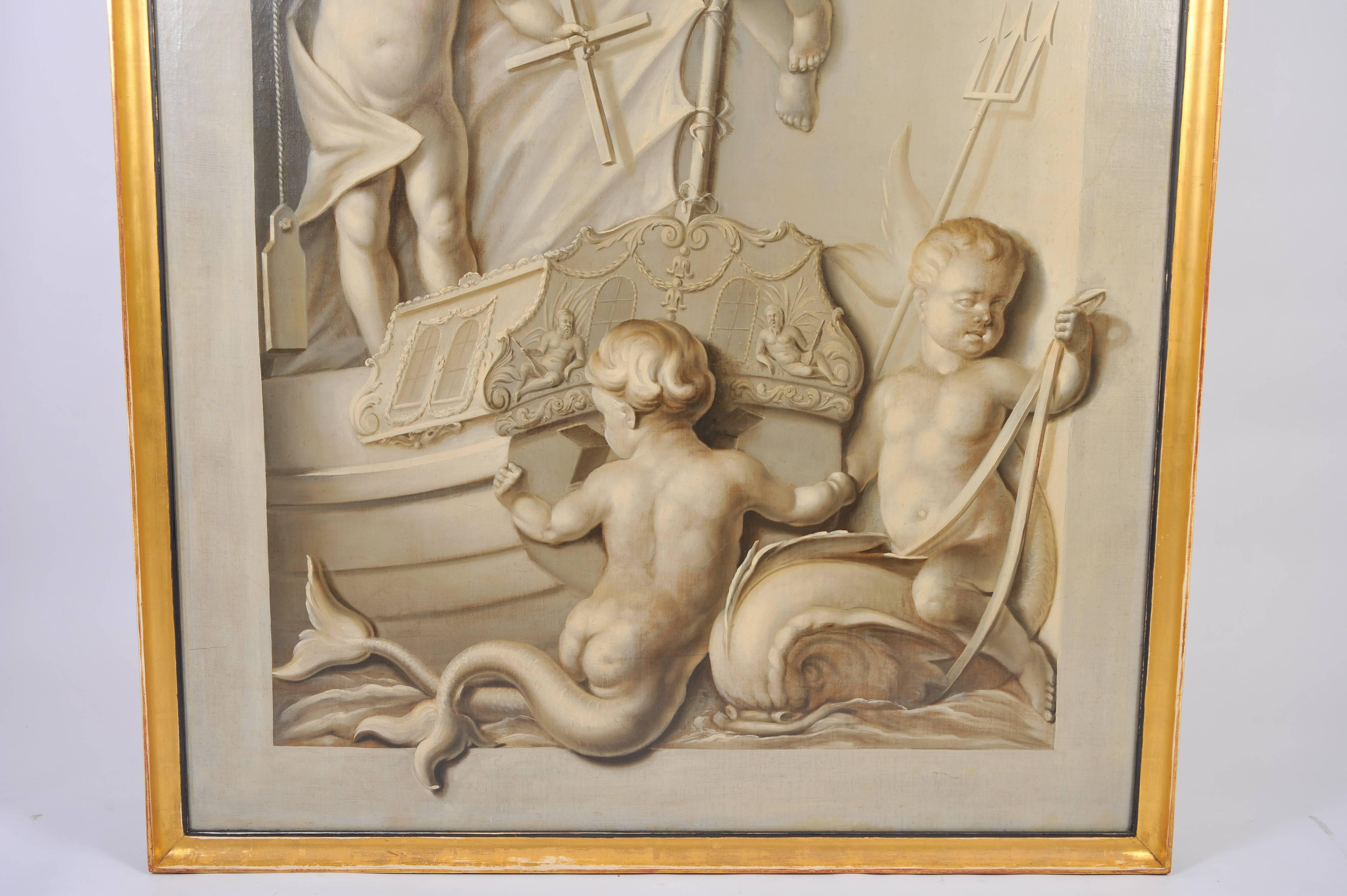 This beautiful and very detailed 19th century painting depicts a group of cherubs on a boat engaged in various activities. The painting has an unusual arched shaped canvas that has been re-stretched and re-framed. It measures 56 ¼ in – 143 cm wide,