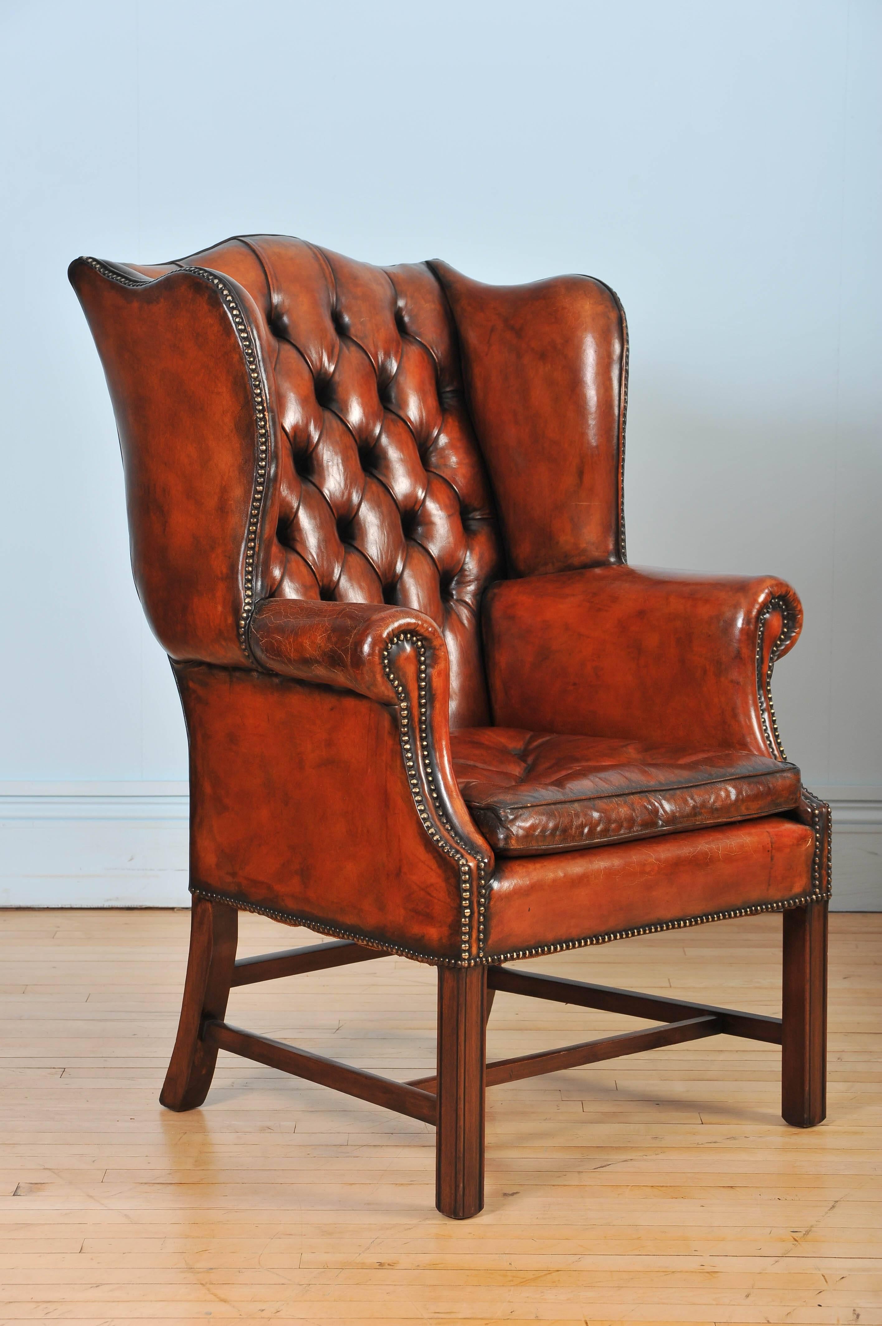 Pair of Mid-20th Century Button Back Leather Wing Chairs 1