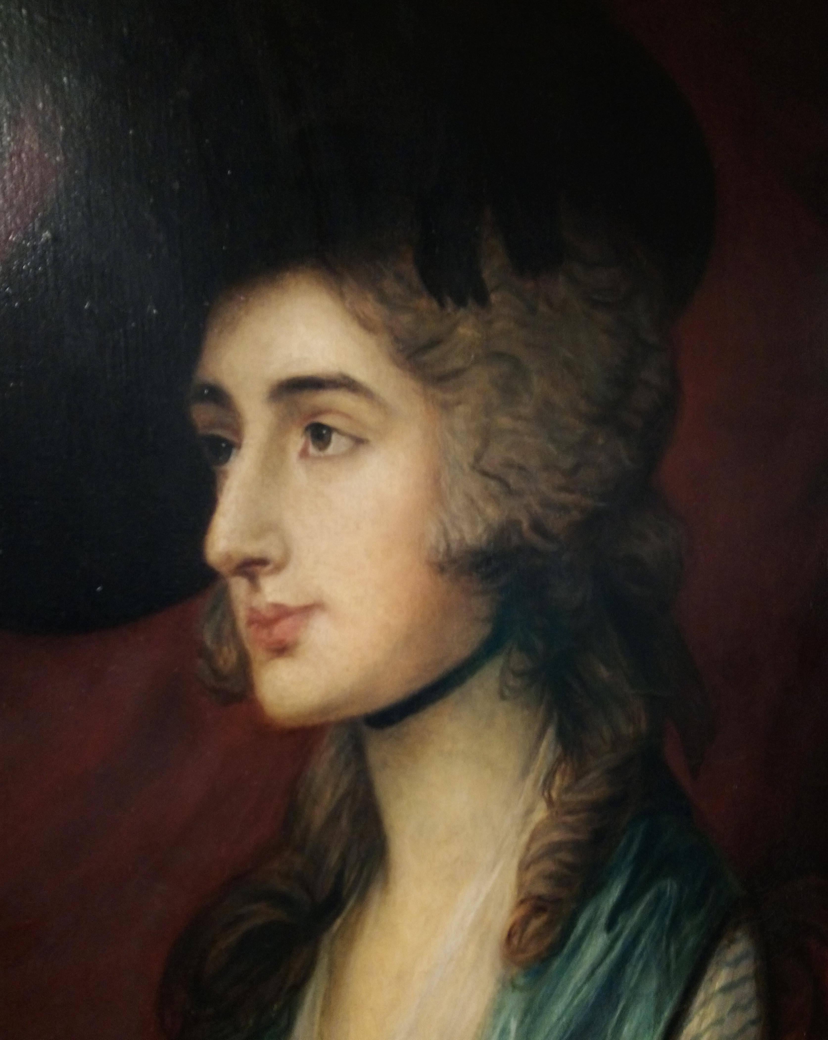 This lovely and well executed copy of the portrait painting of Mrs. Siddons, a famous actress of the late 18th century, originally painted by the English painter, Thomas Gainsborough, which hangs in the National Gallery.. This oil on canvas measures