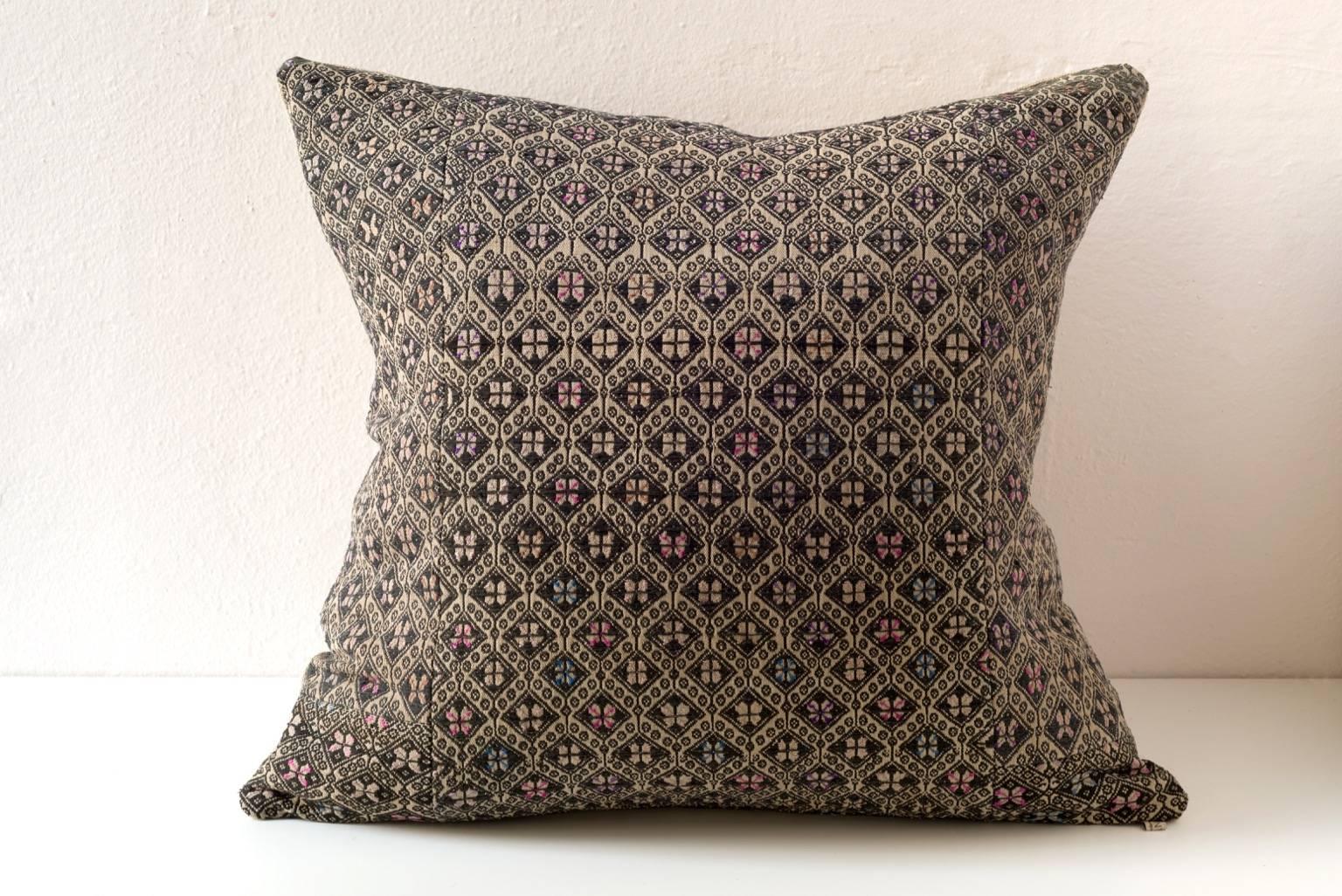Hand-Woven Butterfly Dowry Textile Pillow, Charcoal