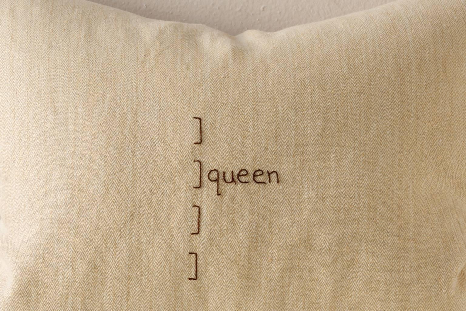 Contemporary cushion in washed soft thick cream herringbone linen with embroidered text from one of Sappho's fragments: 
