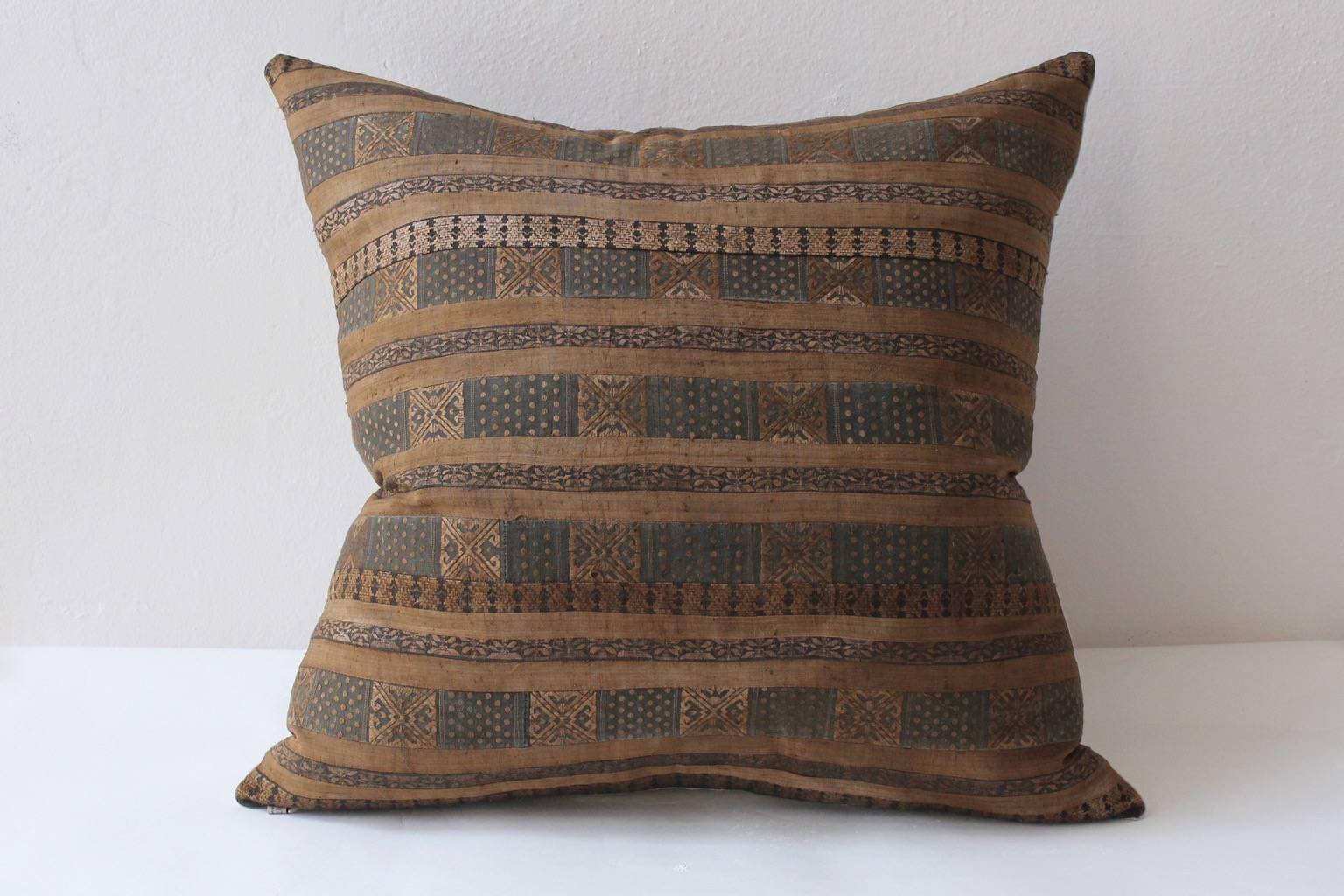 Embroidered Bronze Stripe Huang Ping Textile Cushion, Large Square For Sale