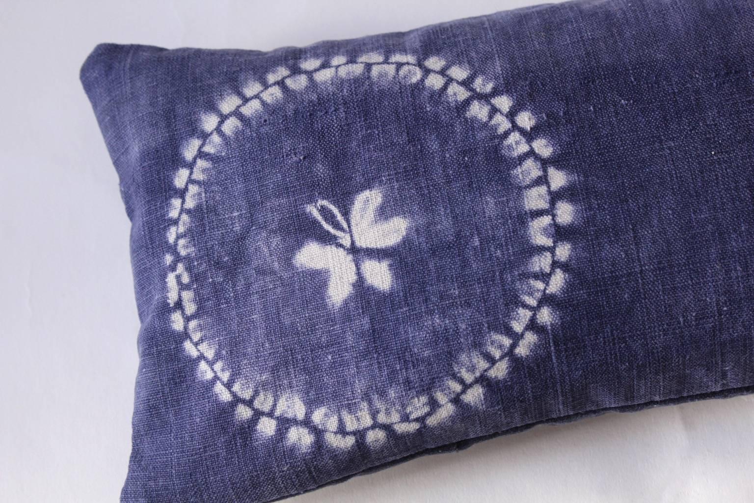 Antique, circa 1920. Cotton futon cover resist dye indigo, Hebei province China.
Spirals and butterfly. Filled with organic Buckwheat Hulls and scented with Santa Maria Novella PotPourri. 

Vintage cotton indigo on reverse, see image.
Filled