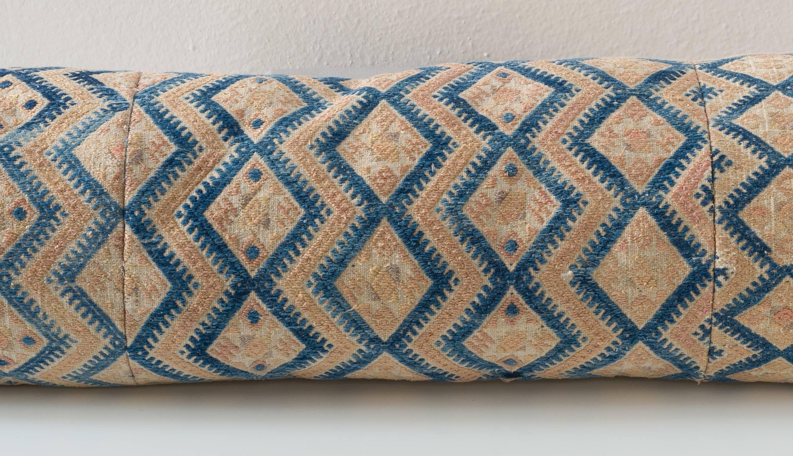 Hand-Woven Long Lumbar Cushion, Ethnic Chinese Minority Textile, Indigo and Tan For Sale