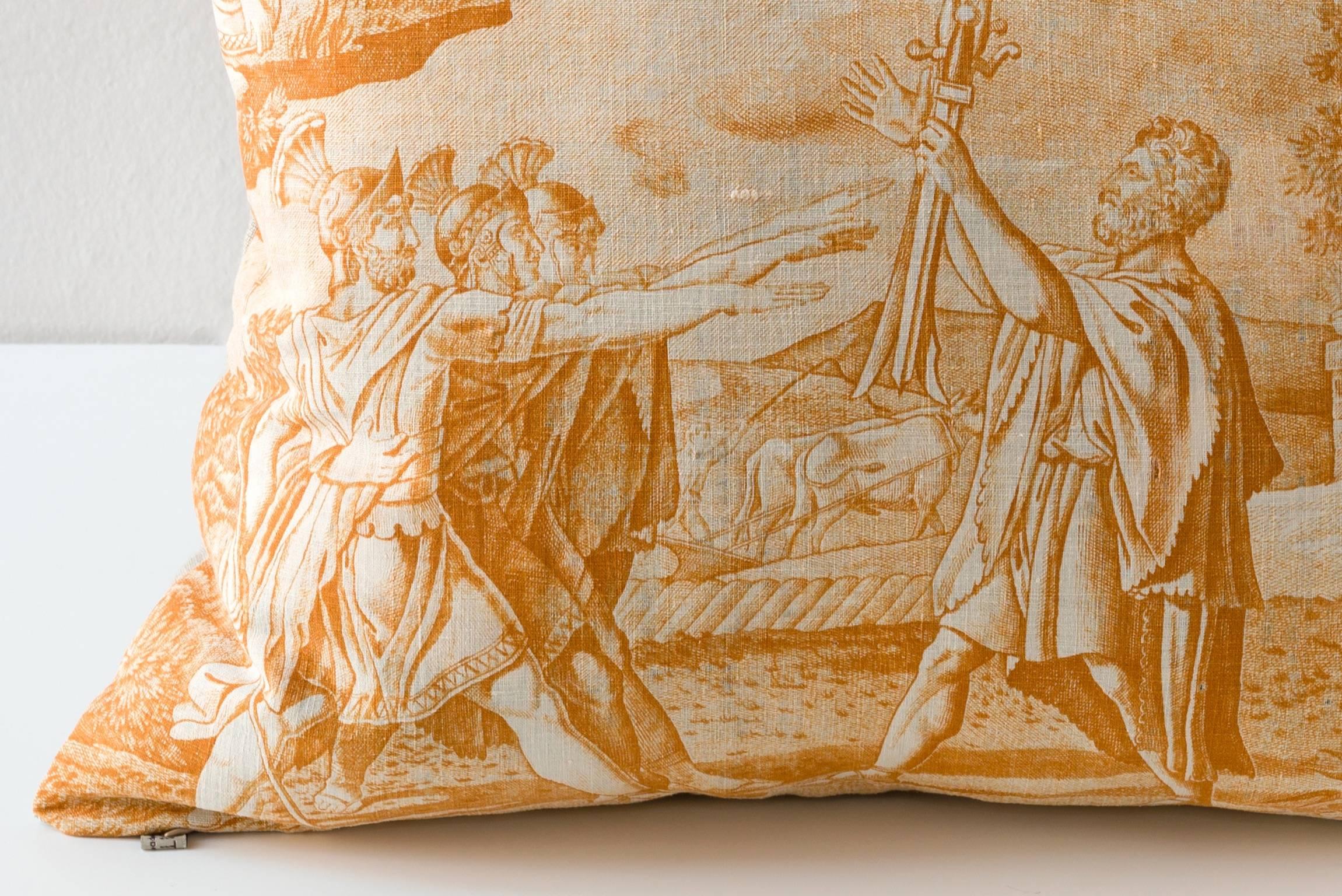French 19th Century Toile de Nantes Cushion, Yellow Ochre For Sale