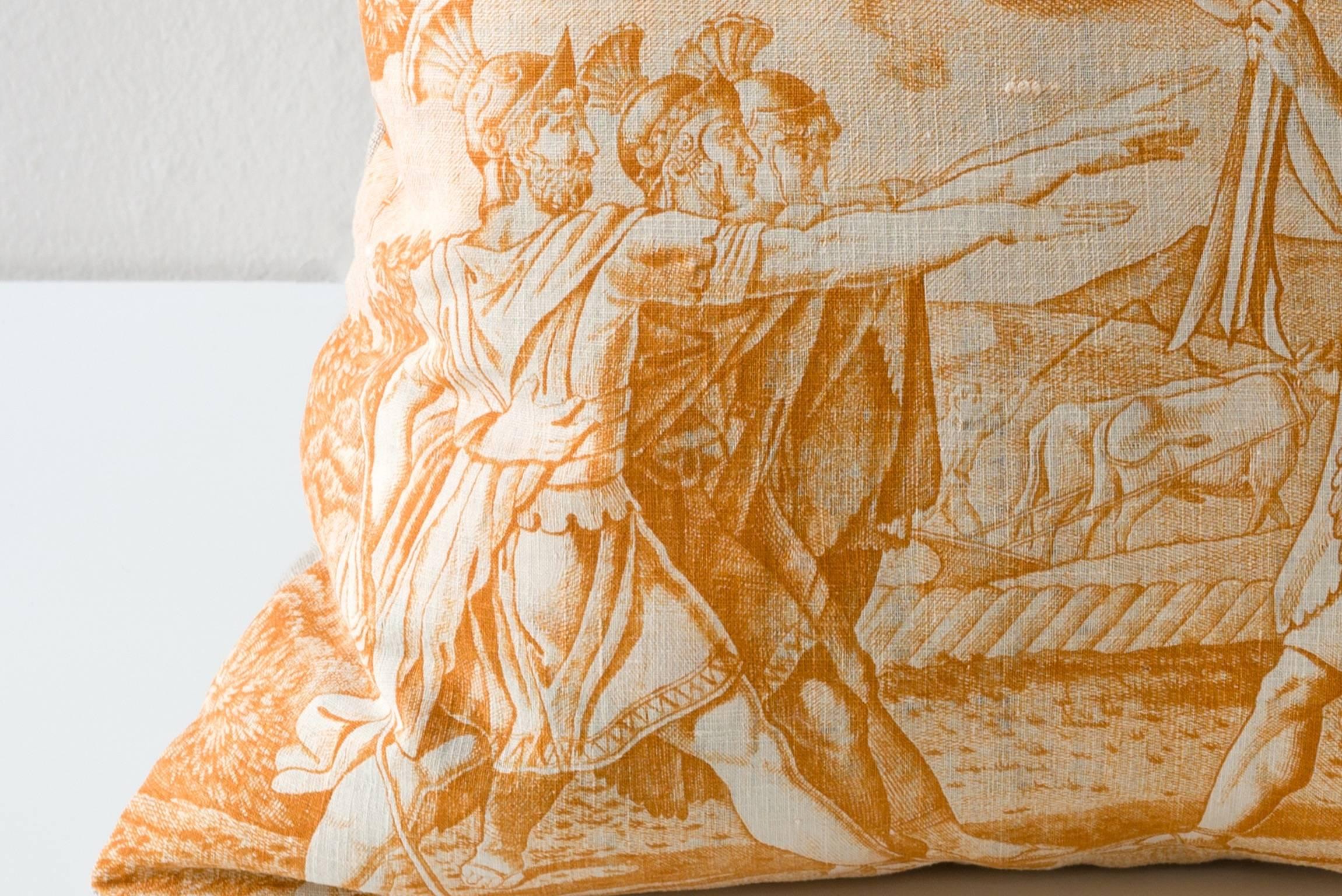 Cushion from a fragment of a Toile de Nantes figural landscape scene in yellow ochre, circa 1815.

 Linen on reverse, see image.
75/25 goose feather and down inserts. 
Concealed zipper. 
Check our 1stdibs storefront for pillows in coordinating