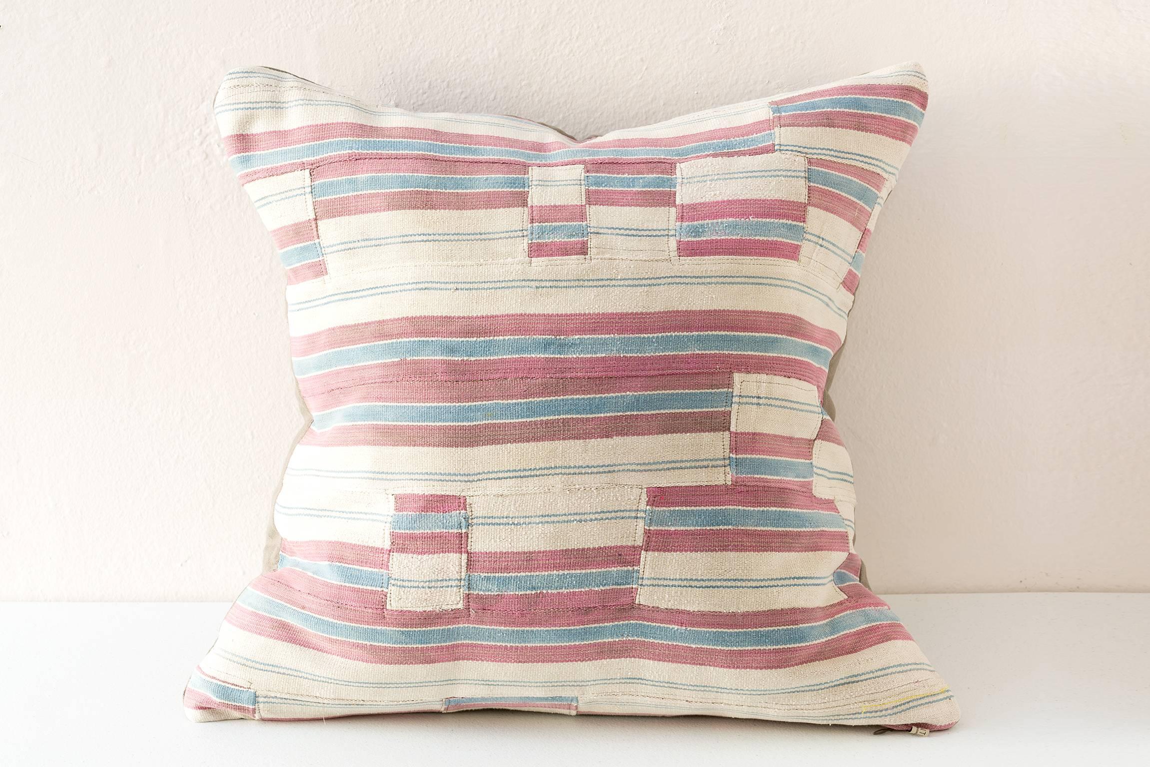 Hand-Woven Stripwoven Cloth Cushion Off-White, Blue and Mauve  For Sale