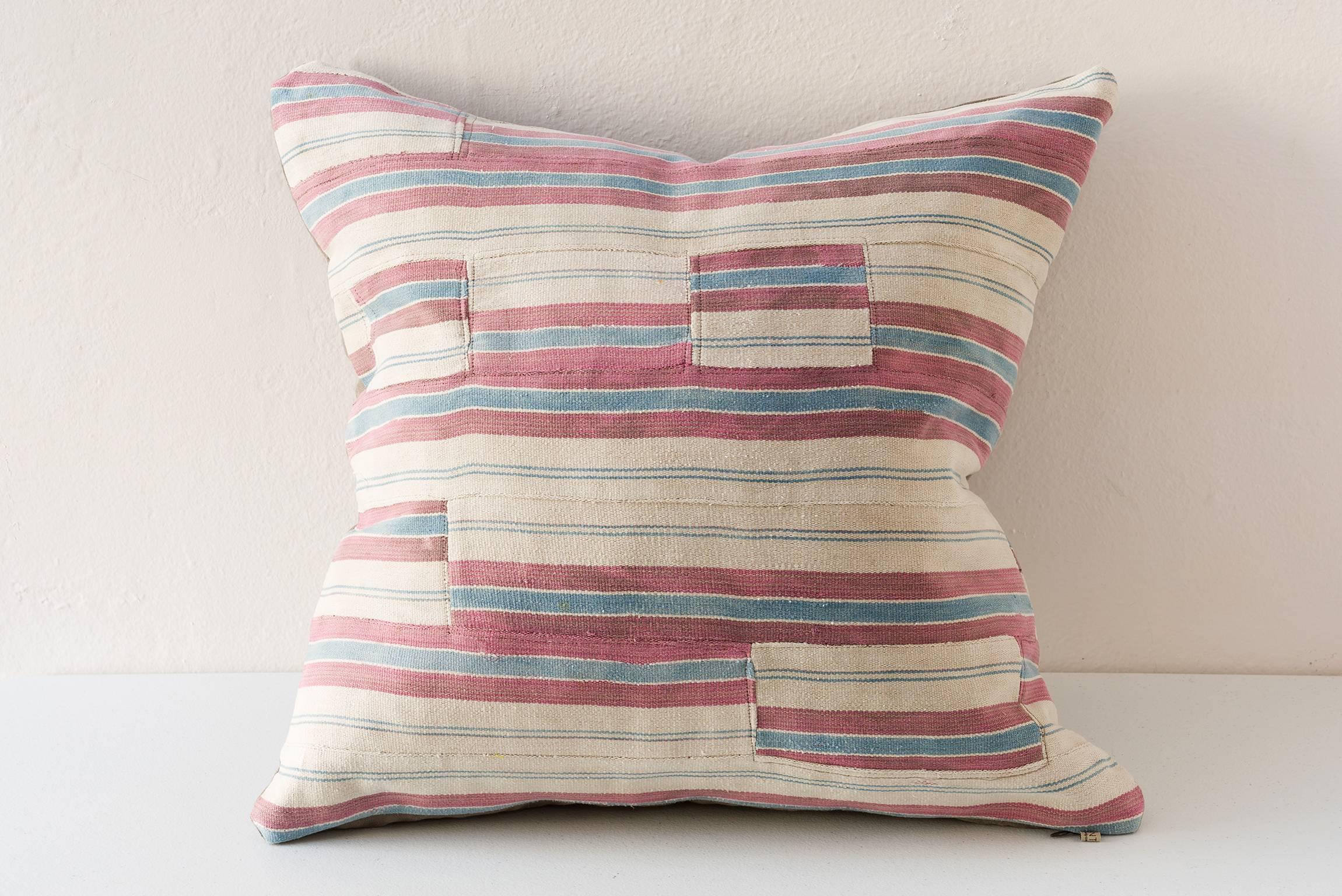 20th Century Stripwoven Cloth Cushion Off-White, Blue and Mauve  For Sale