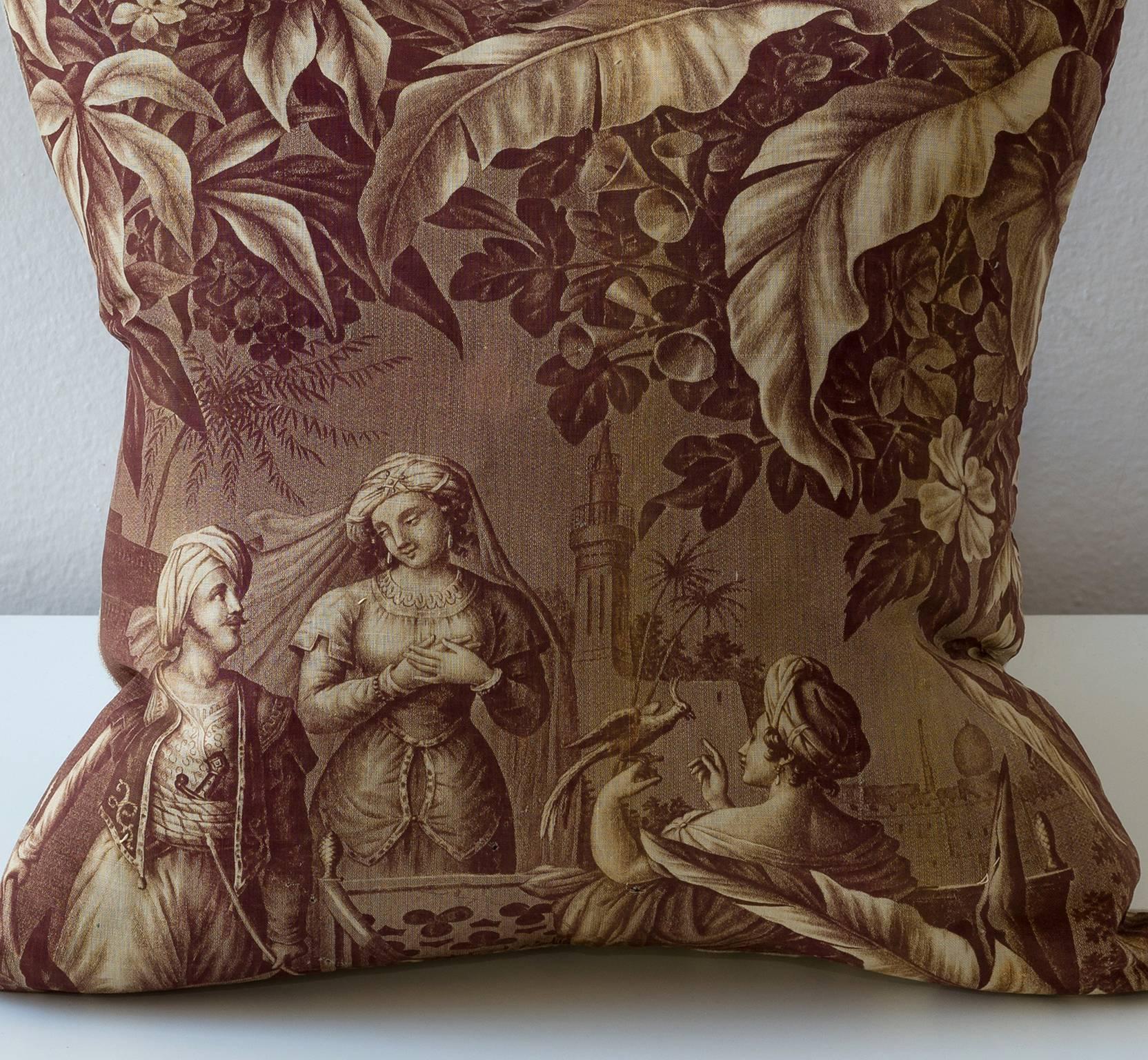 Cotton 19th Century Orientalist Narrative Cushion, Toile de Nantes For Sale