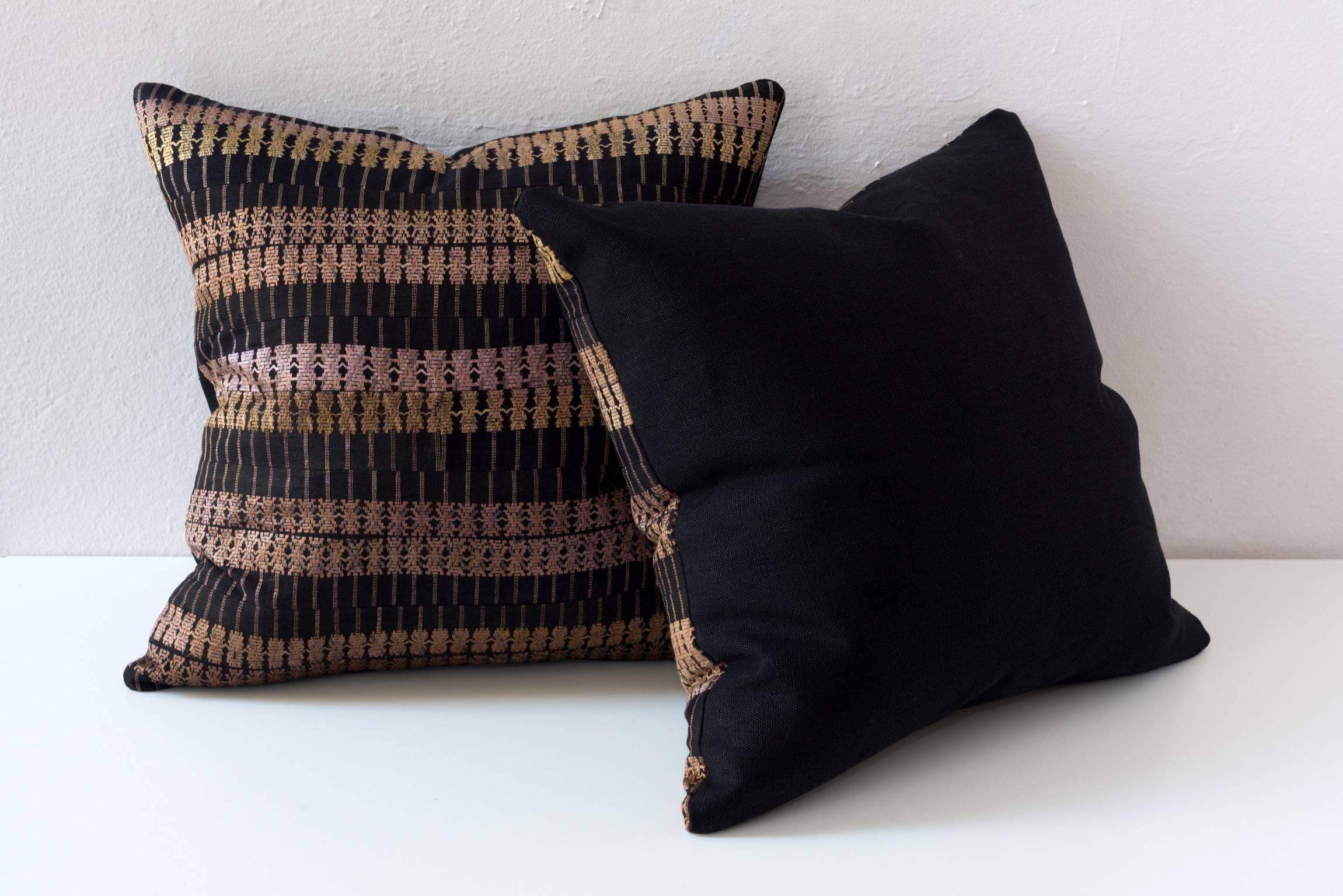 Vintage Black and Gold Stripe, Silk Embroidery Pillow In Excellent Condition For Sale In Los Angeles, CA