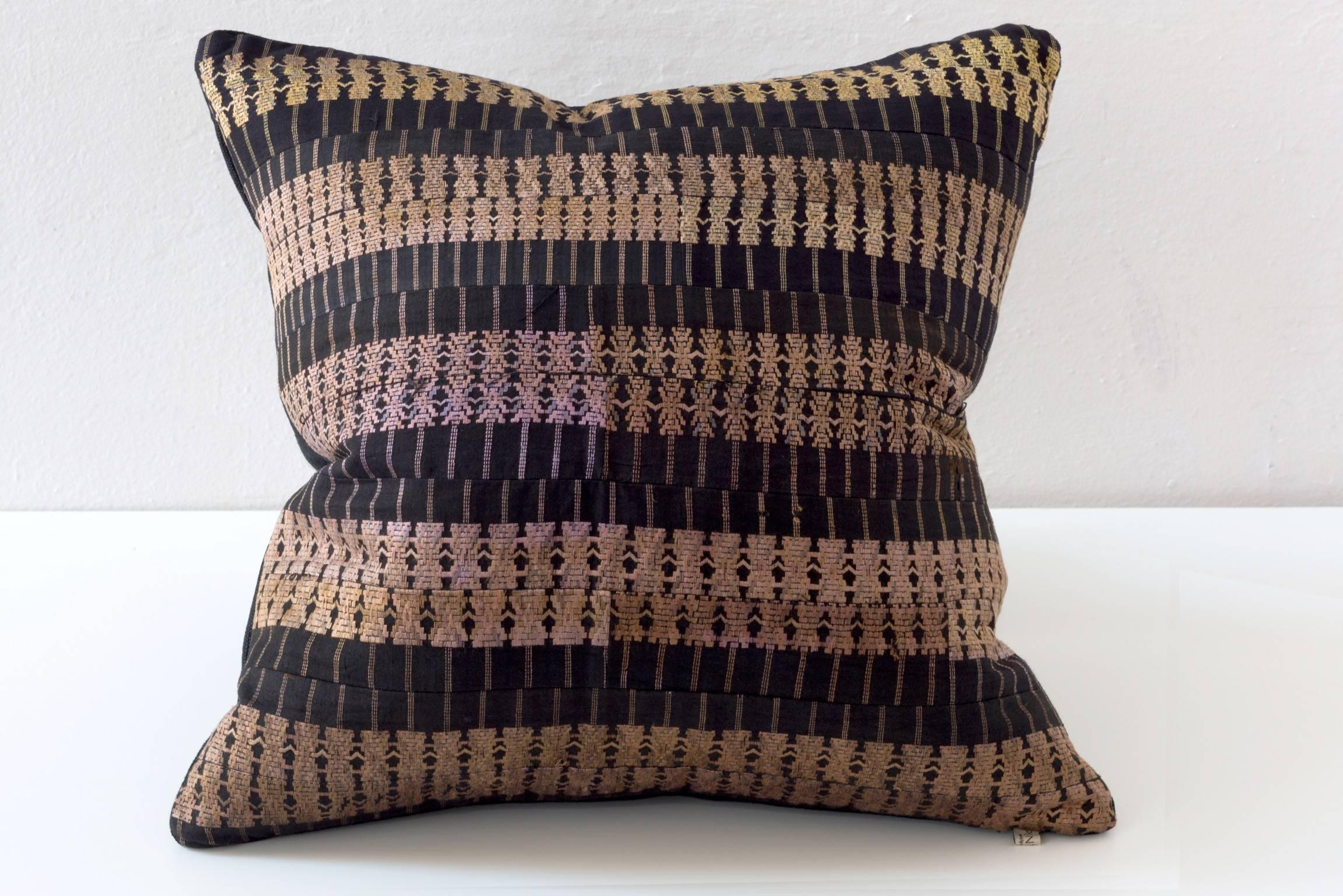 20th Century Vintage Black and Gold Stripe, Silk Embroidery Pillow For Sale