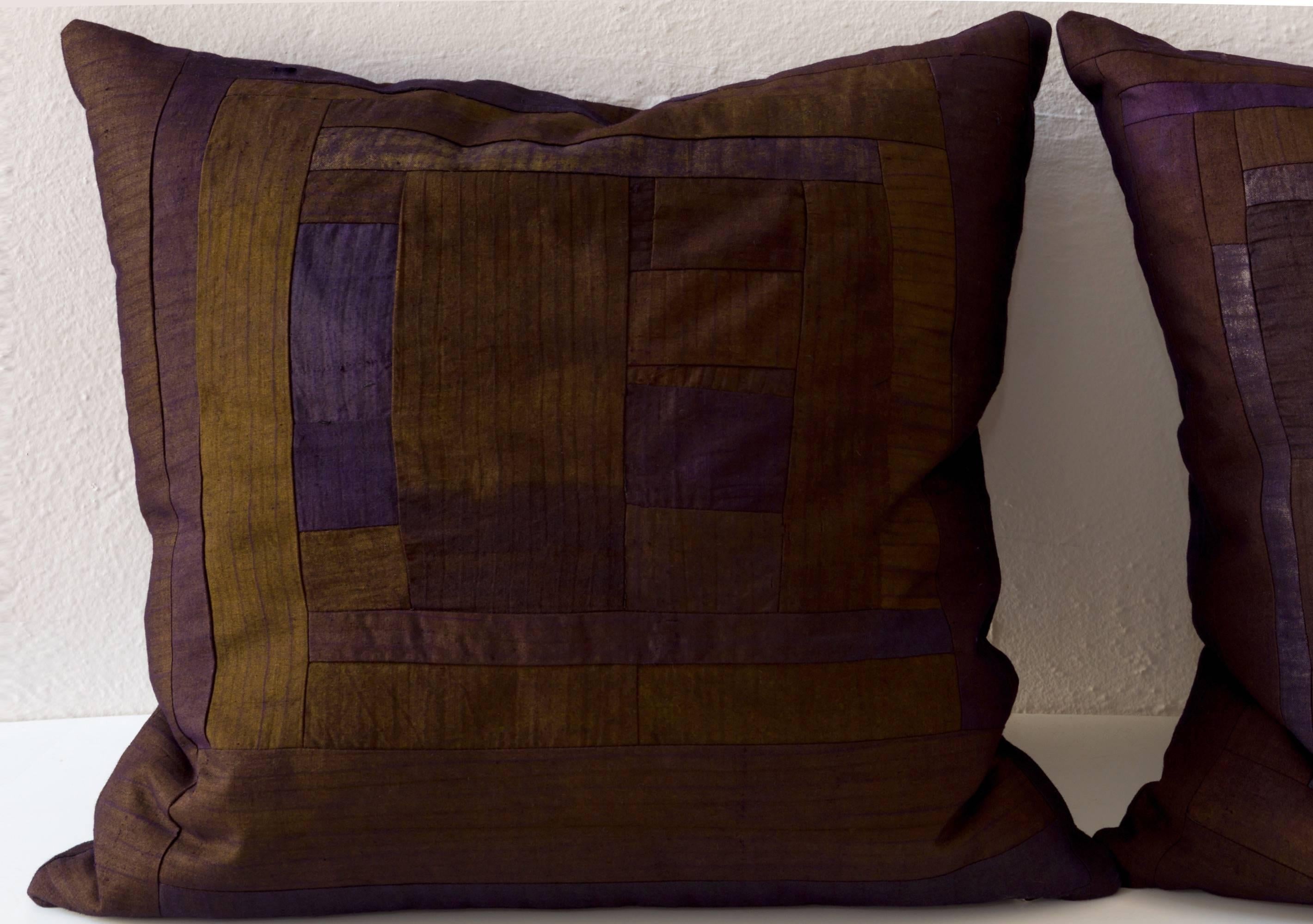 Color block pillows in variations of browns and bronzes. Piecework modern design made from vintage cotton pleated skirts. Natural plant dyes in browns with variations with some iridescent areas. 

Same cotton on reverse. 
75/25 goose feather and