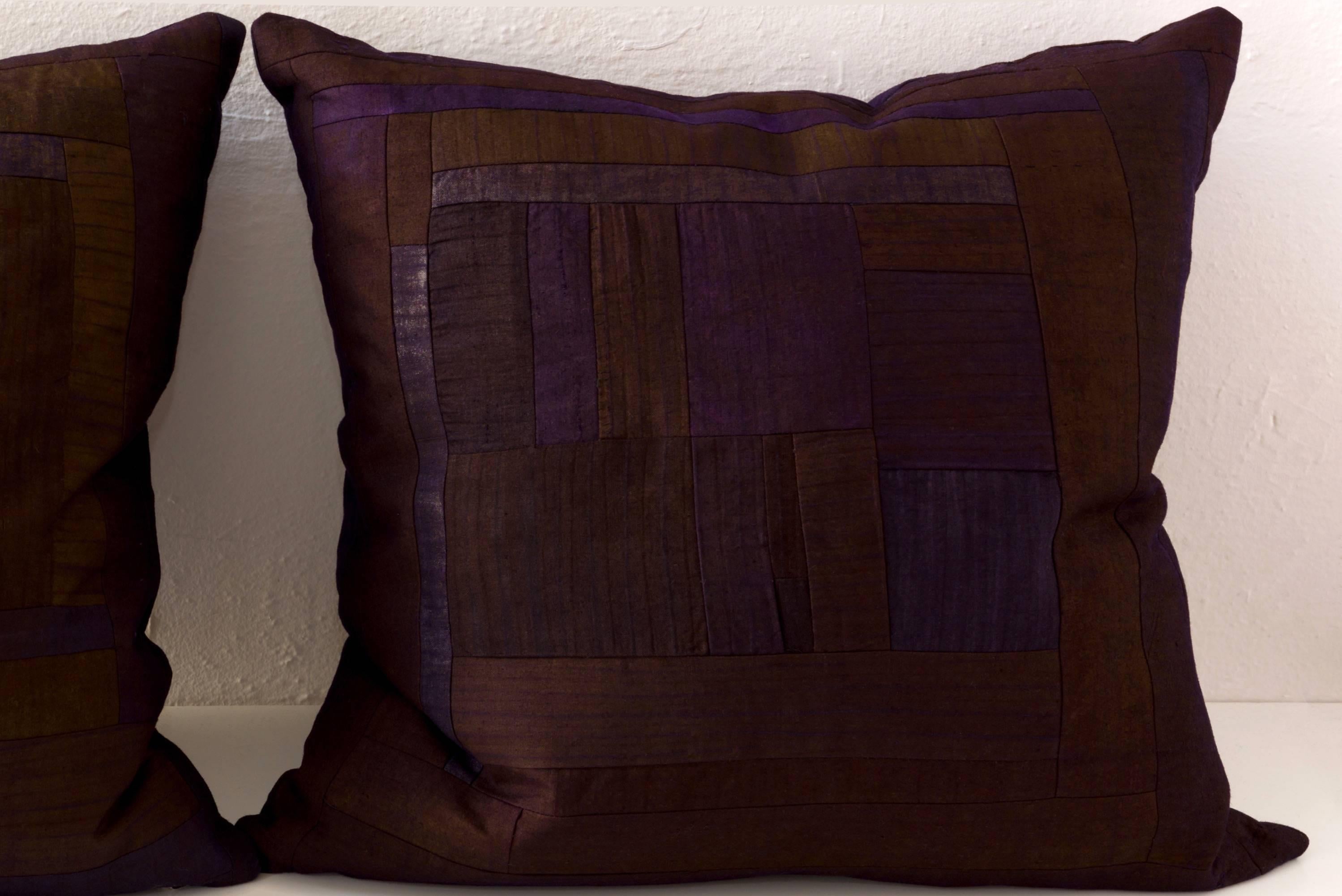 Chinese Miao Piecework Pillows, Color-Block in Brown and Bronze For Sale