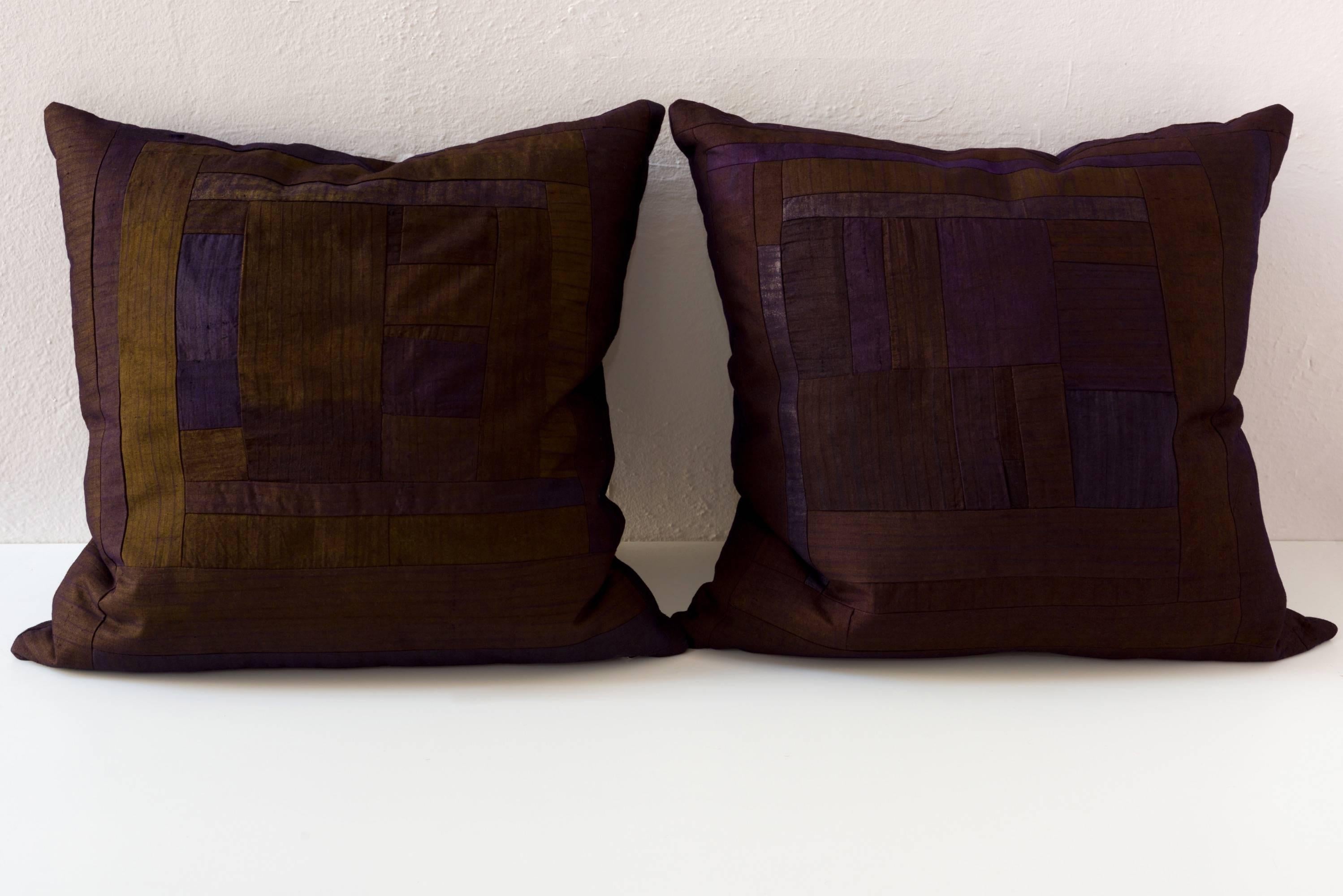 Hand-Woven Miao Piecework Pillows, Color-Block in Brown and Bronze For Sale