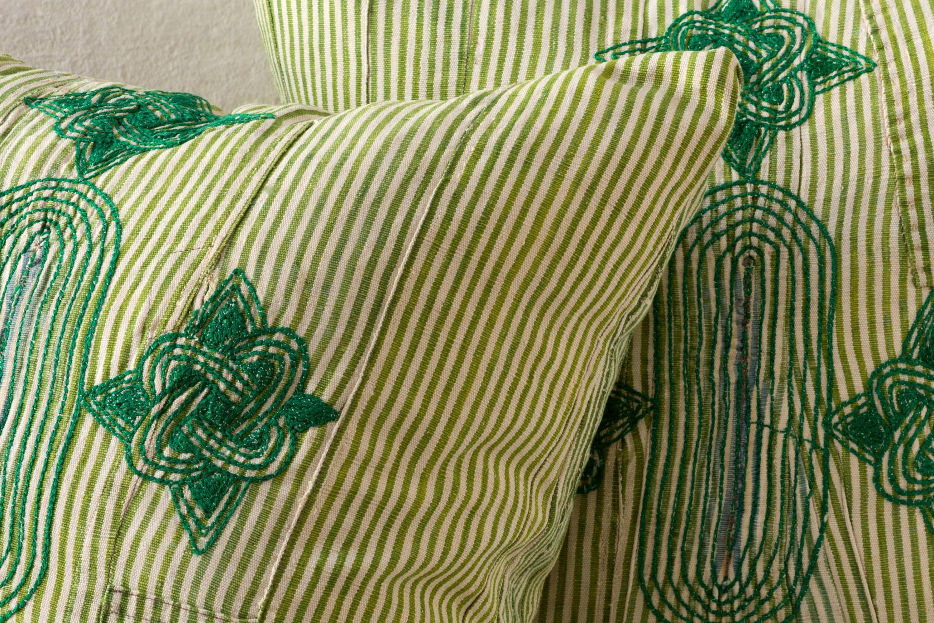 Embroidered Vintage Grand Boubou Textile Pillow in Greens For Sale