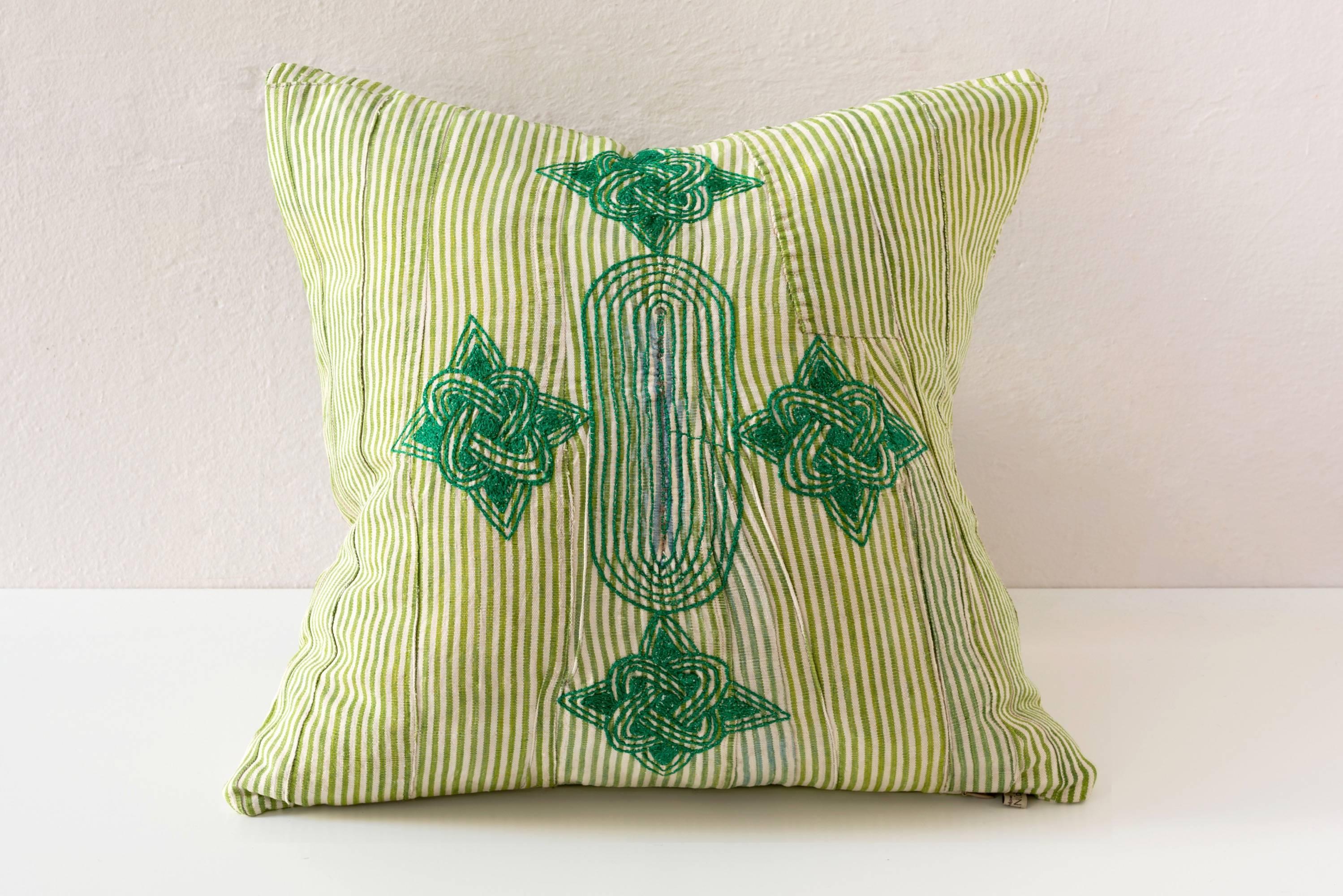 Nigerian Vintage Grand Boubou Textile Pillow in Greens For Sale