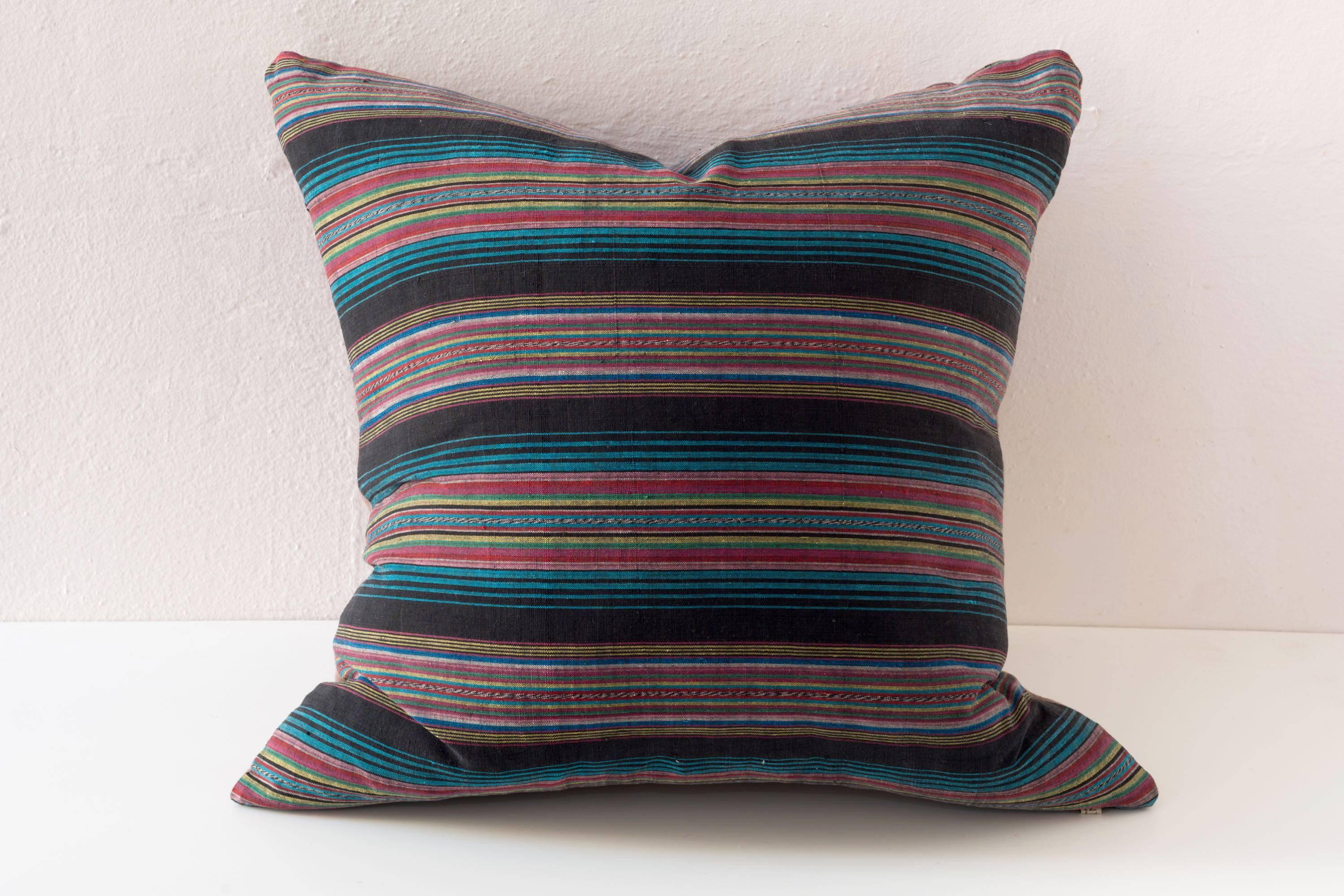 Chinese Large Vintage Cotton Stripe Pillow in Black, Turquoise, and Red For Sale