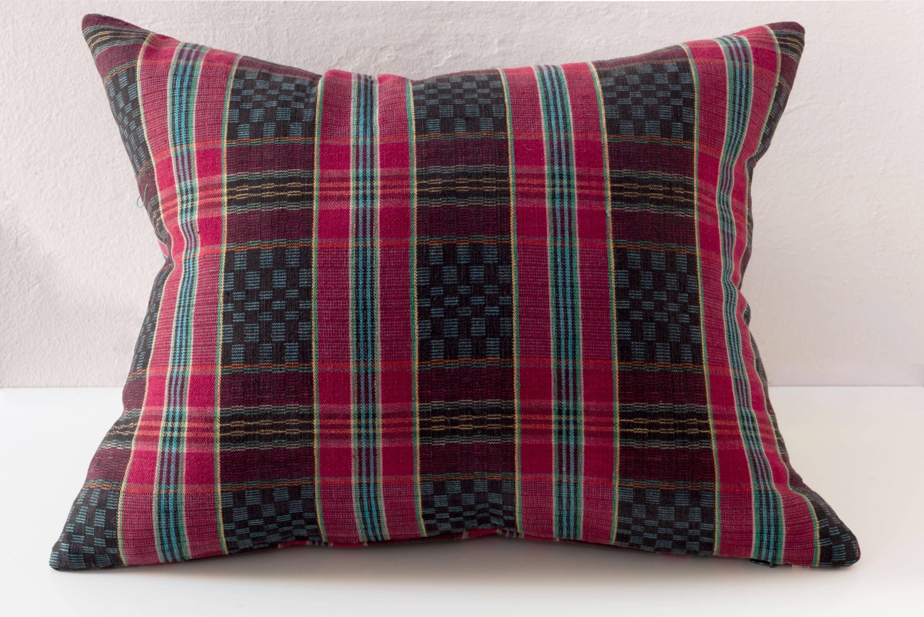 Chinese Vintage Miao Handwoven Cotton Textile Pillow Modernist Black Red Turquoise For Sale