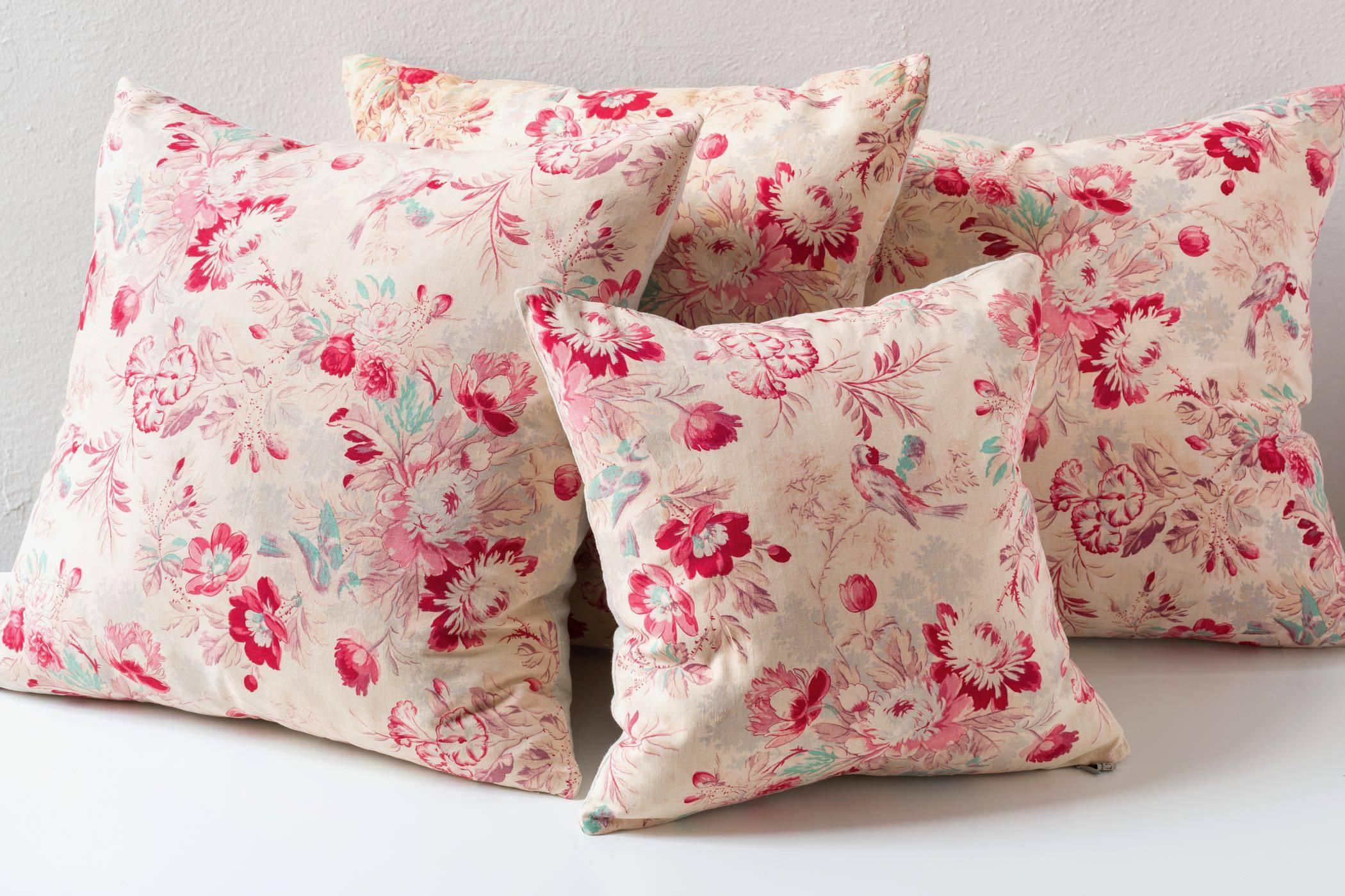 19th Century Block Print Cushions- Floral Red Turquoise Tan Pink, Large In Excellent Condition In Los Angeles, CA