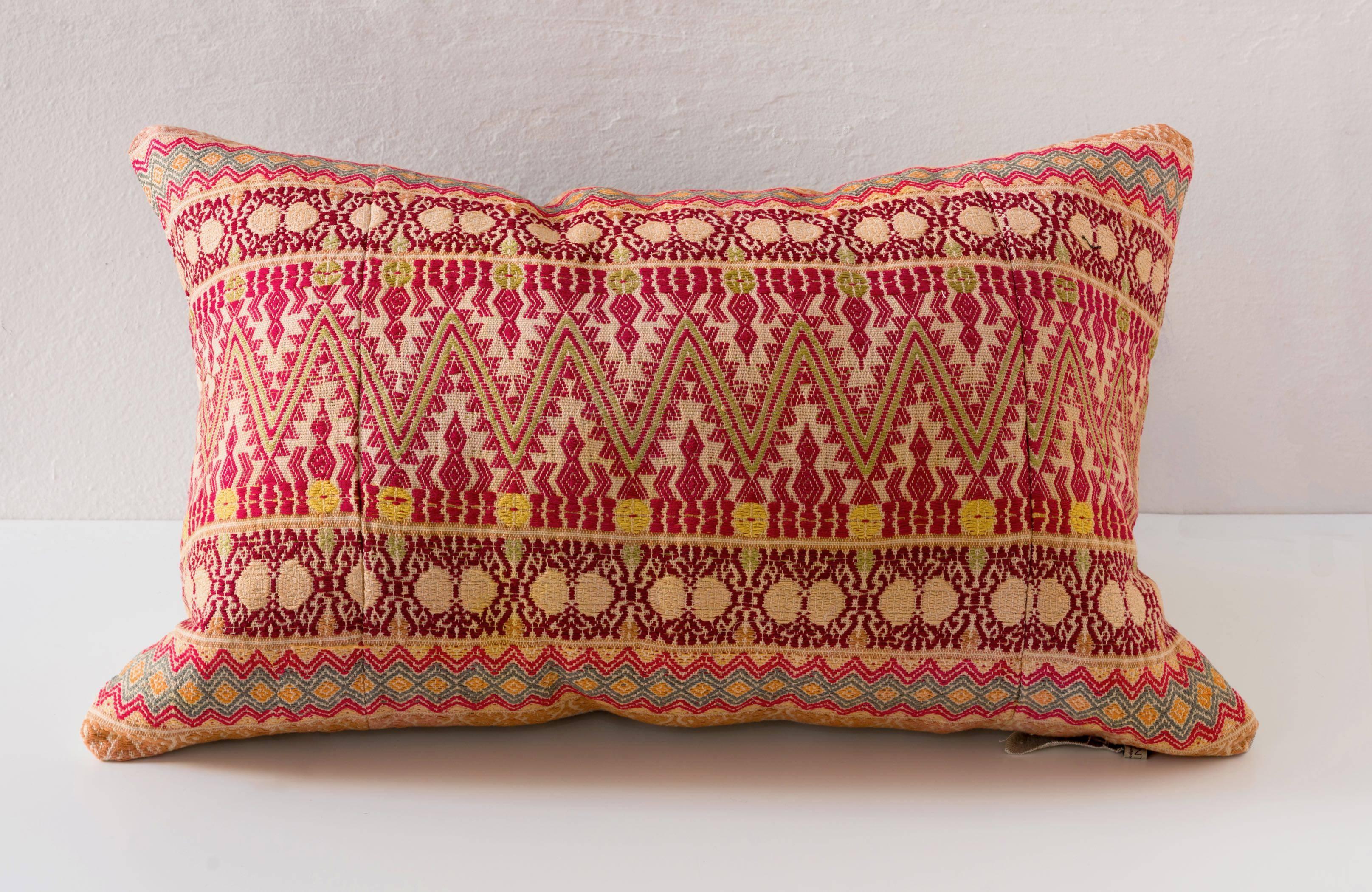 Mexican Contemporary Artisan Hand-Loomed Pillows, Red Maroon Yellow Green For Sale